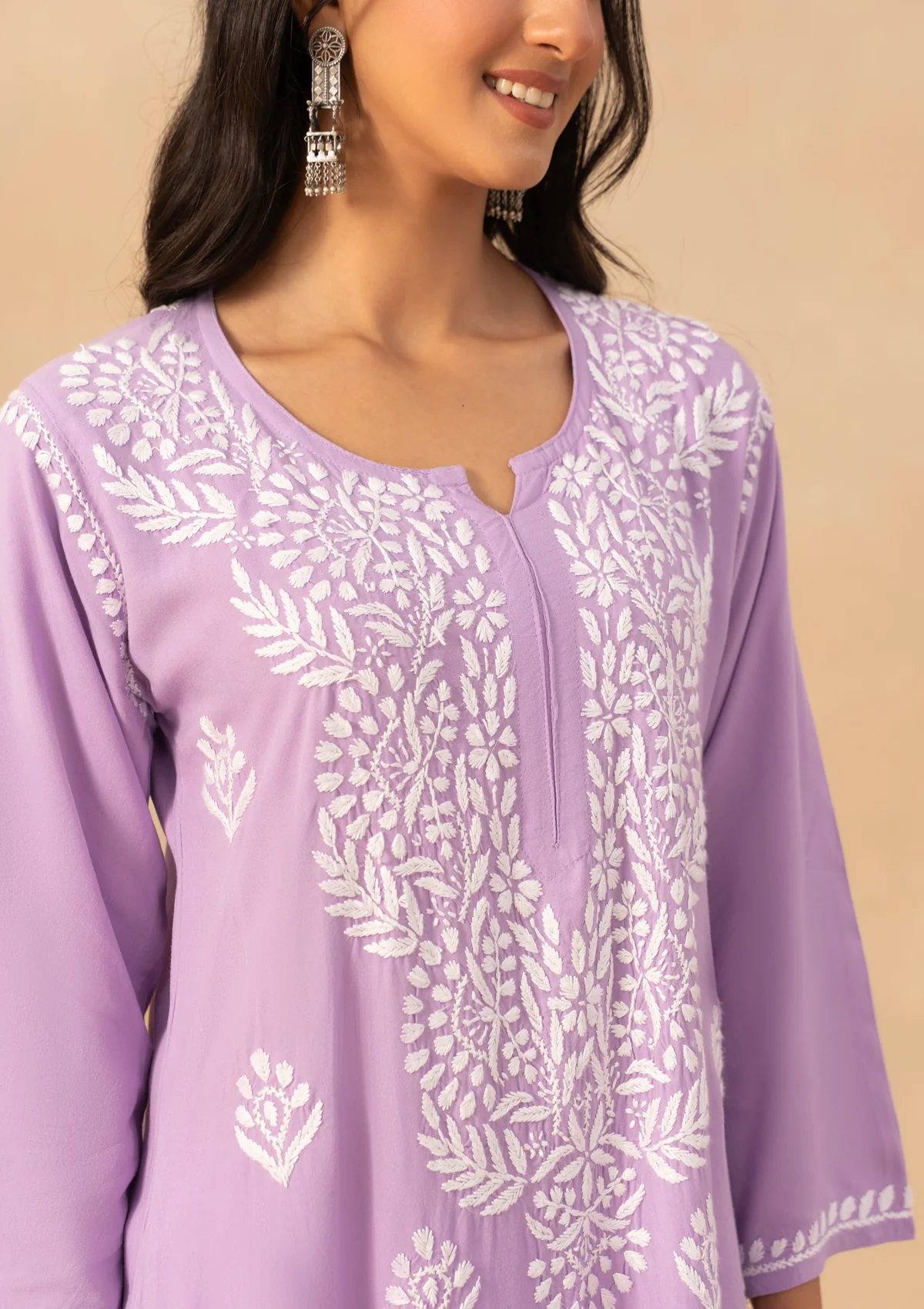 HOC Rayon Chikankari Solid Women's Long Kurta -Lavender - Image 8