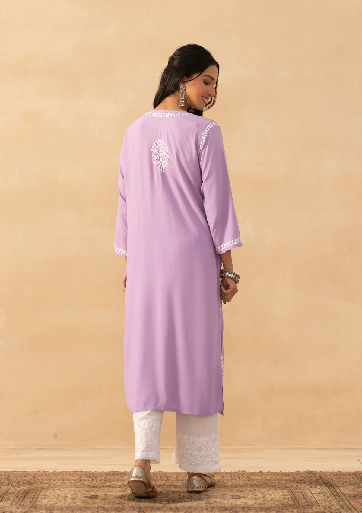 HOC Rayon Chikankari Solid Women's Long Kurta -Lavender - Image 9