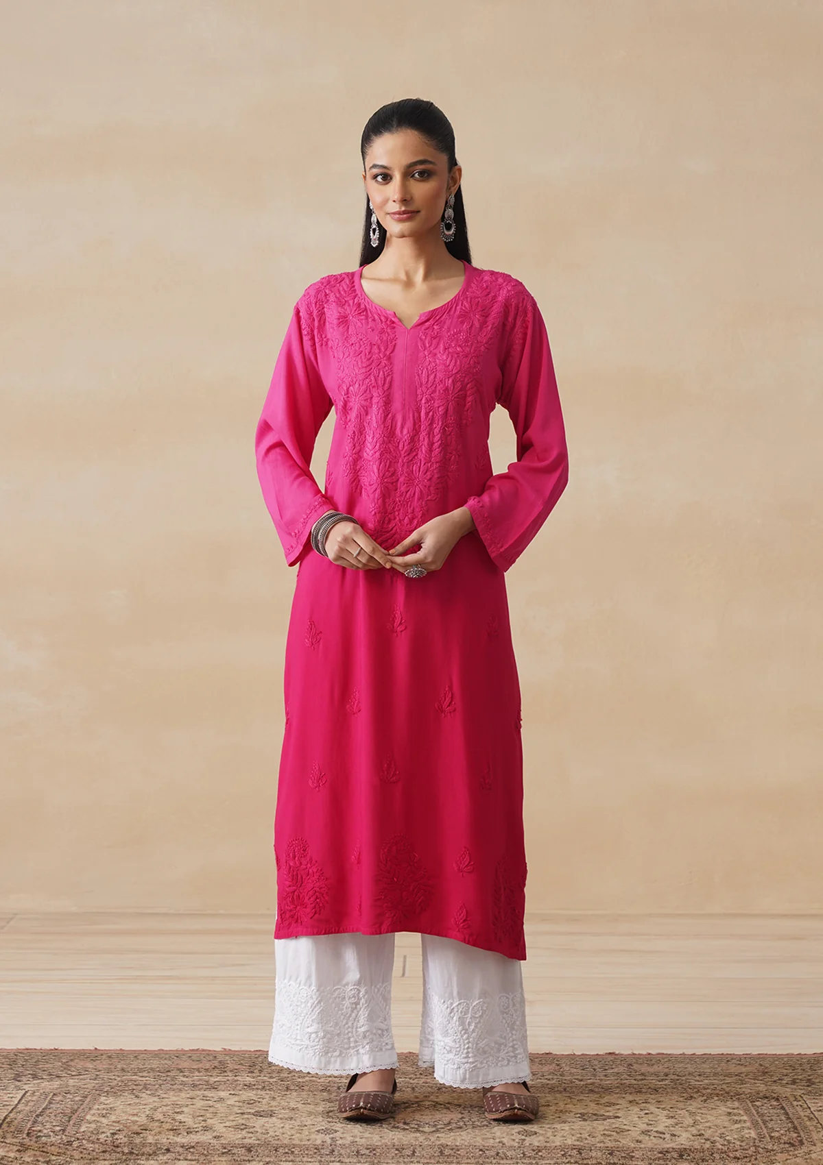 HOC Rayon Chikankari Solid Women's Long Kurta -Magenta
