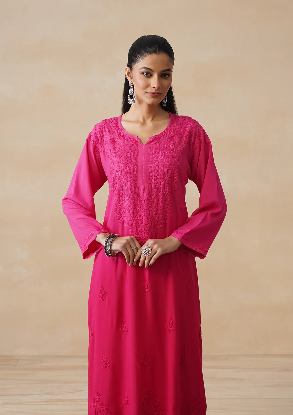 HOC Rayon Chikankari Solid Women's Long Kurta -Magenta - Image 2