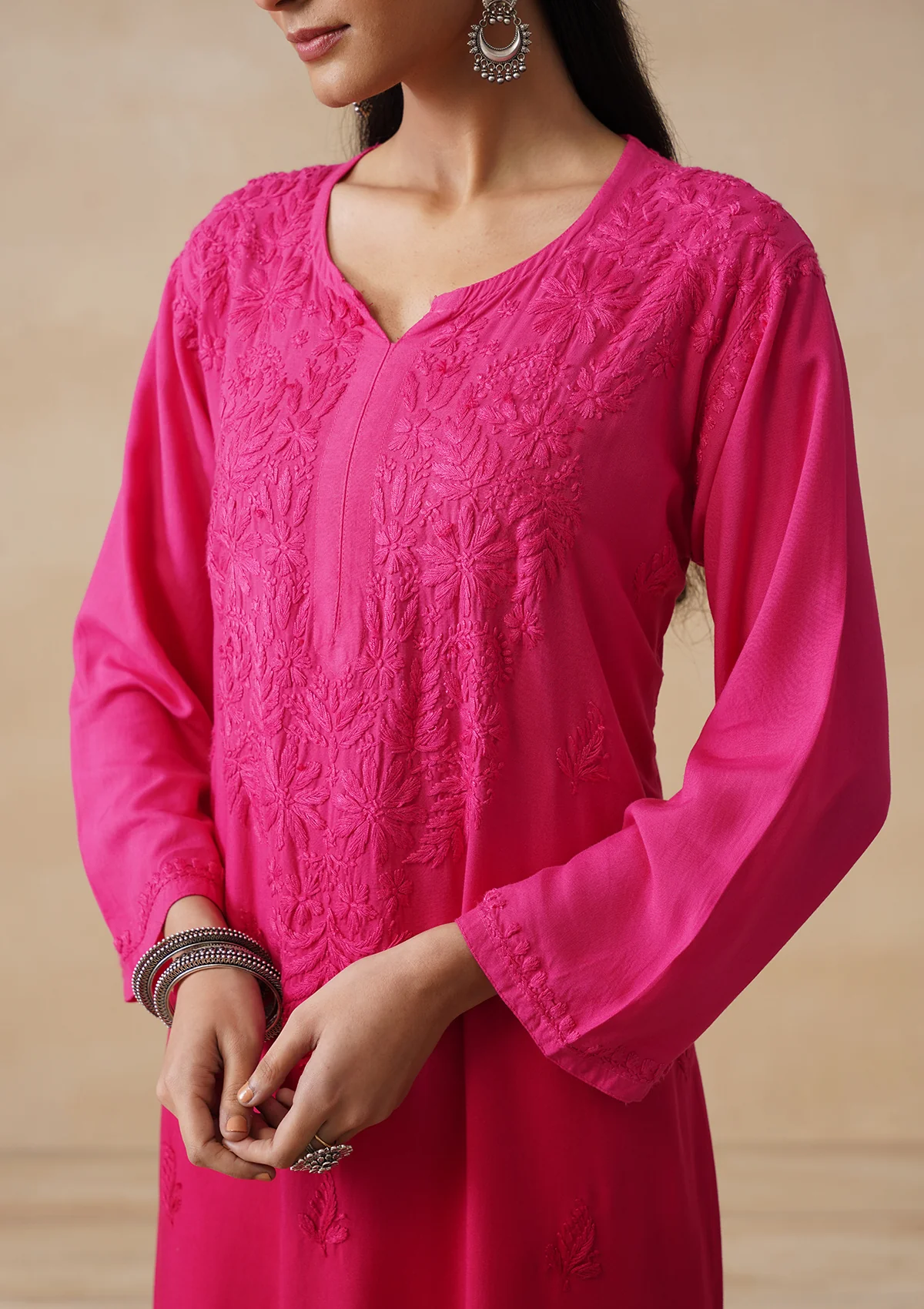 HOC Rayon Chikankari Solid Women's Long Kurta -Magenta - Image 5