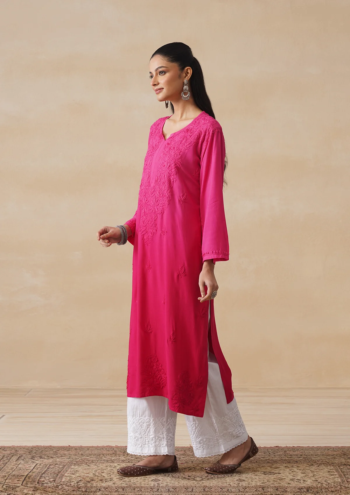 HOC Rayon Chikankari Solid Women's Long Kurta -Magenta - Image 6