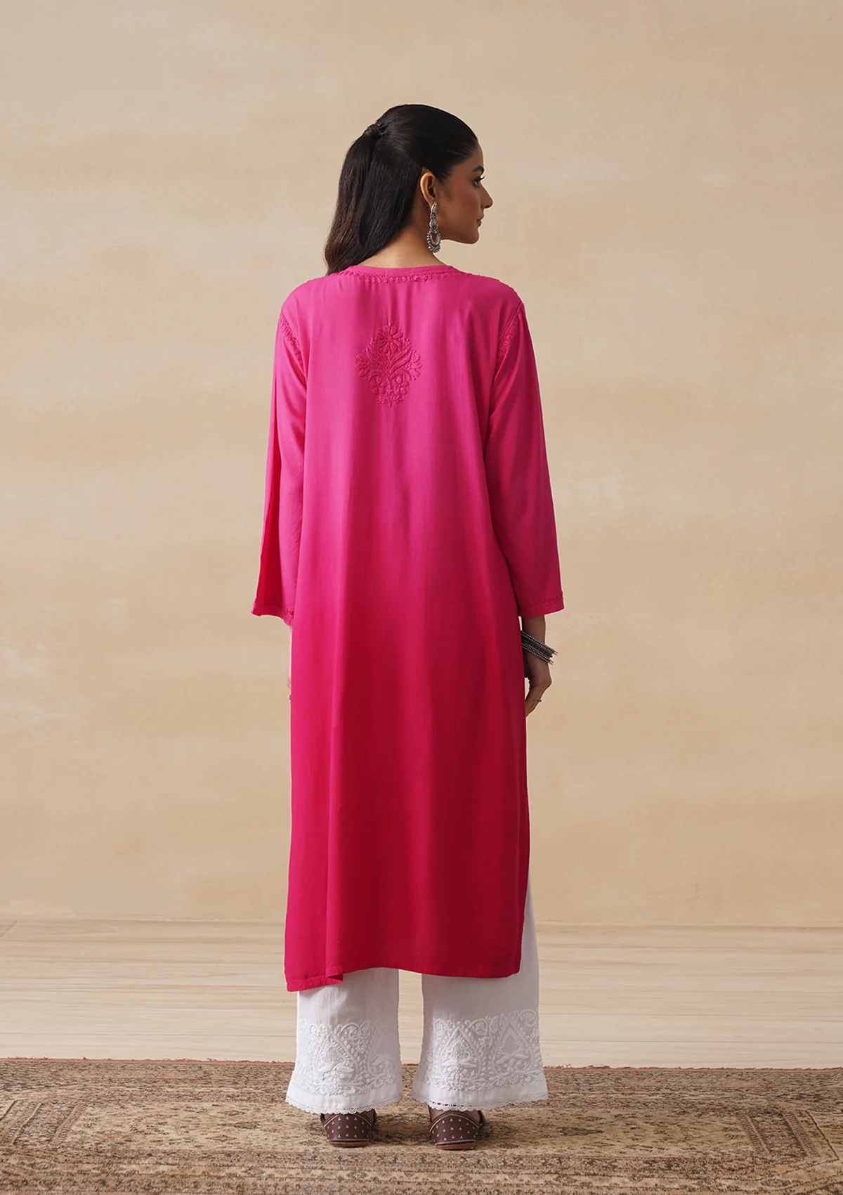 HOC Rayon Chikankari Solid Women's Long Kurta -Magenta - Image 8