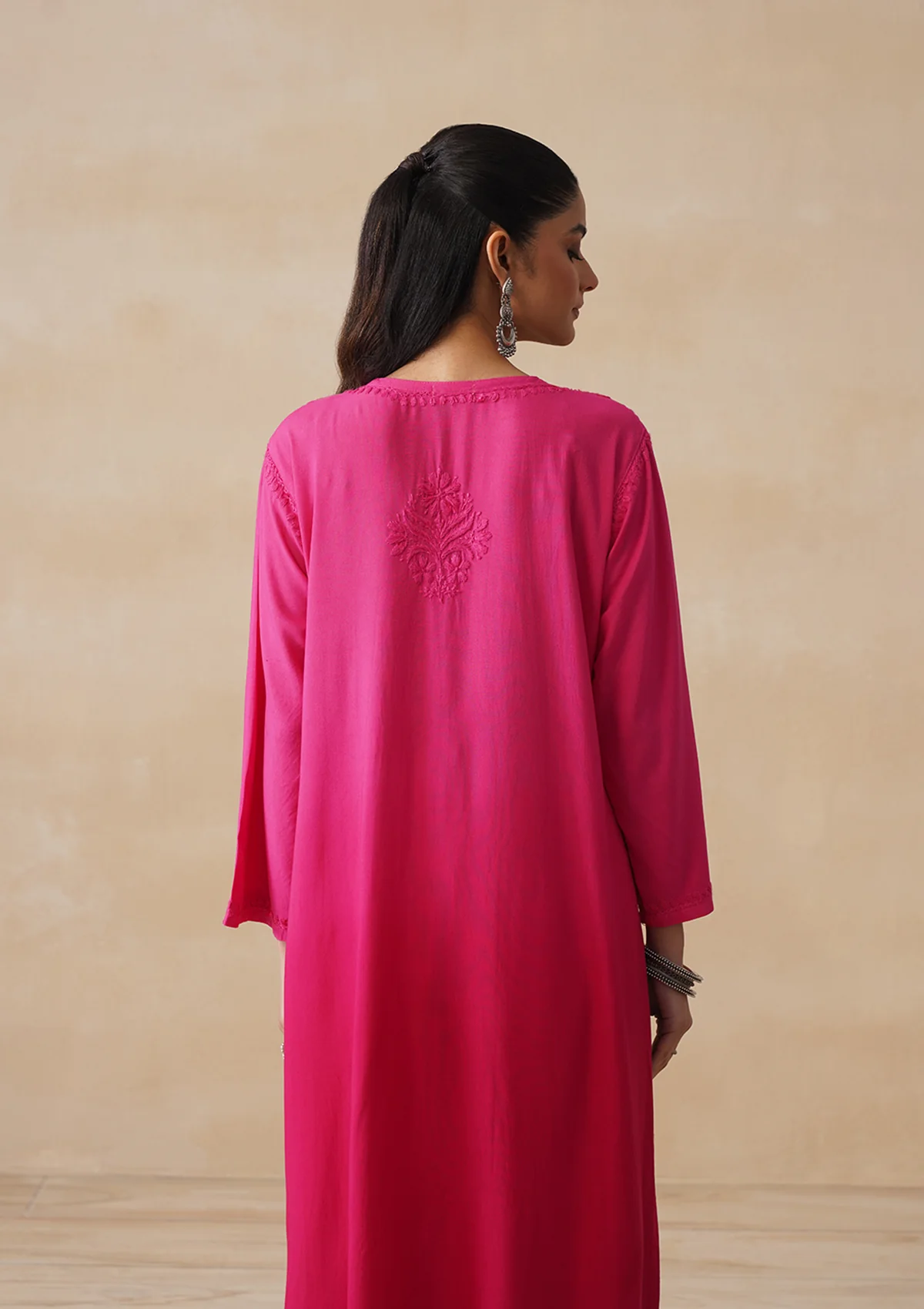 HOC Rayon Chikankari Solid Women's Long Kurta -Magenta - Image 9