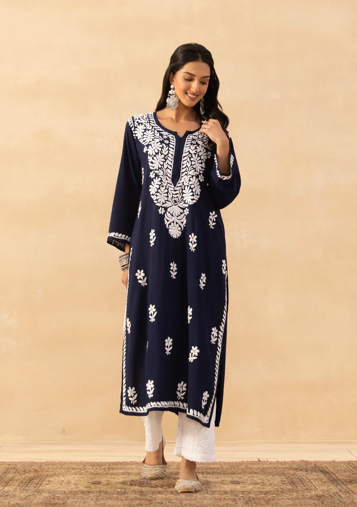 HOC Rayon Chikankari Solid Women's Long Kurta -Navy