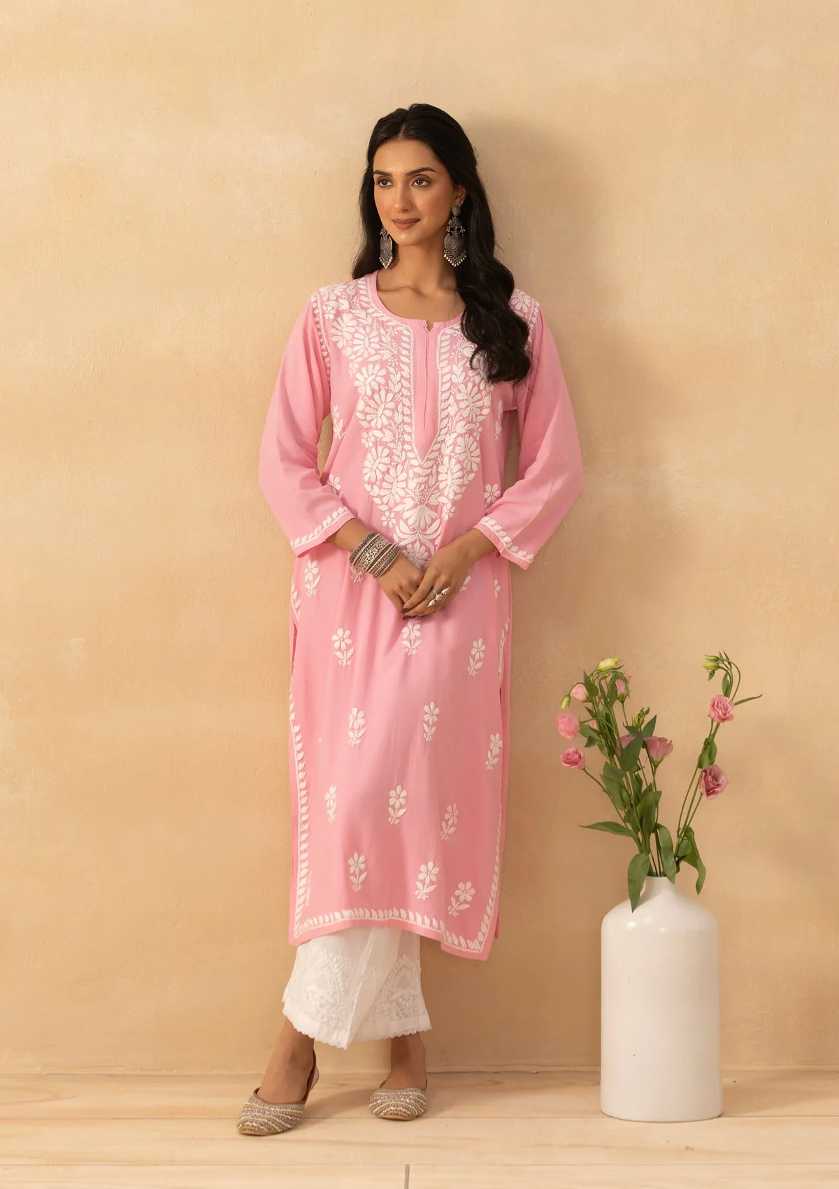 HOC Rayon Chikankari Solid Women's Long Kurta -Pink - Image 10