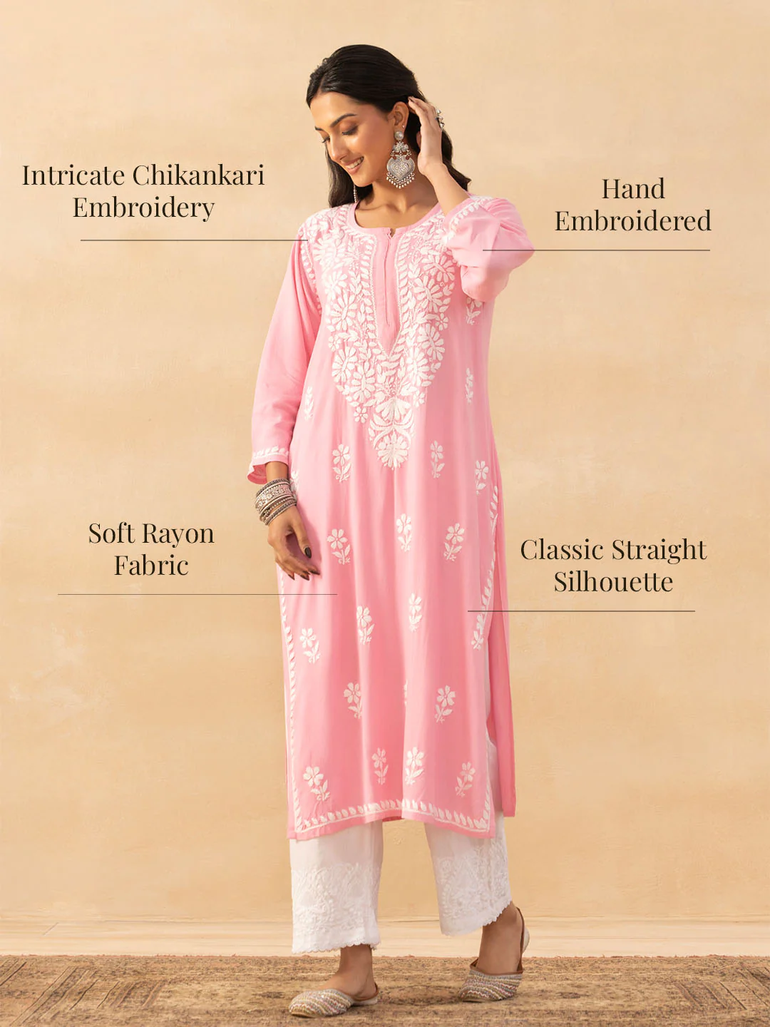 HOC Rayon Chikankari Solid Women's Long Kurta -Pink - Image 11