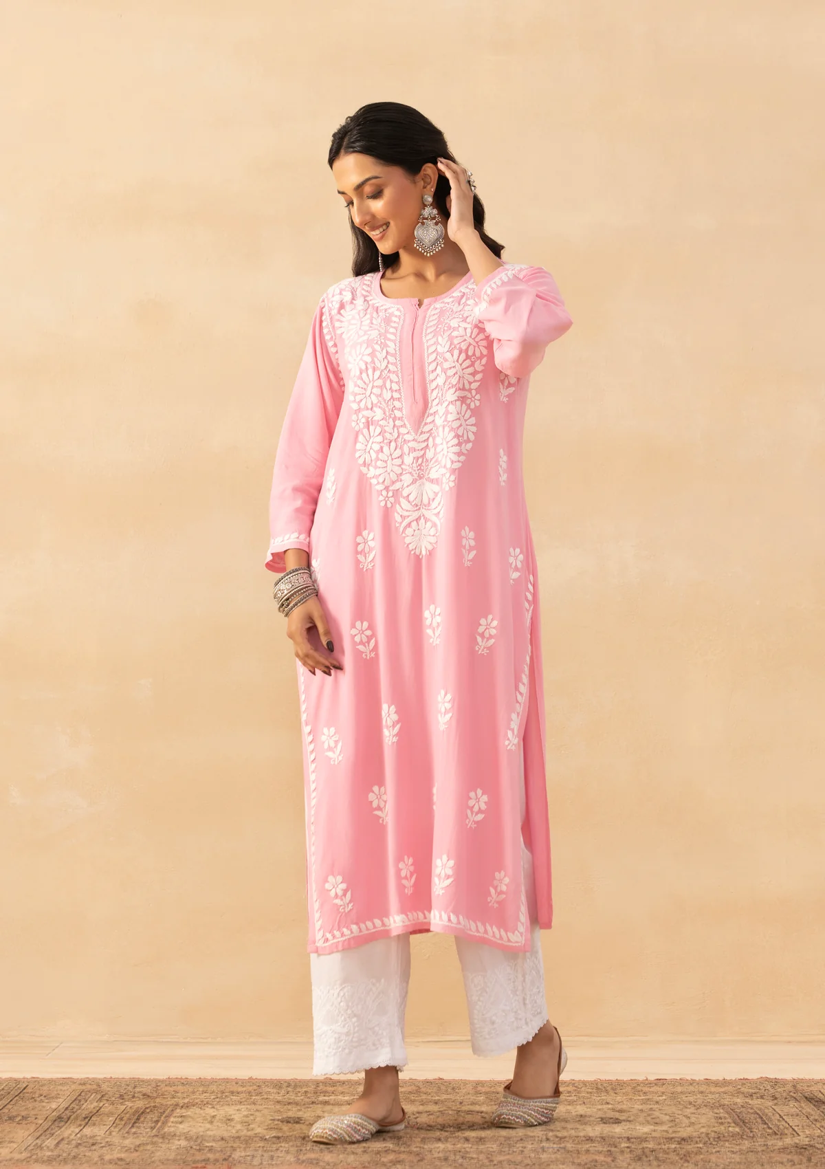HOC Rayon Chikankari Solid Women's Long Kurta -Pink - Image 5