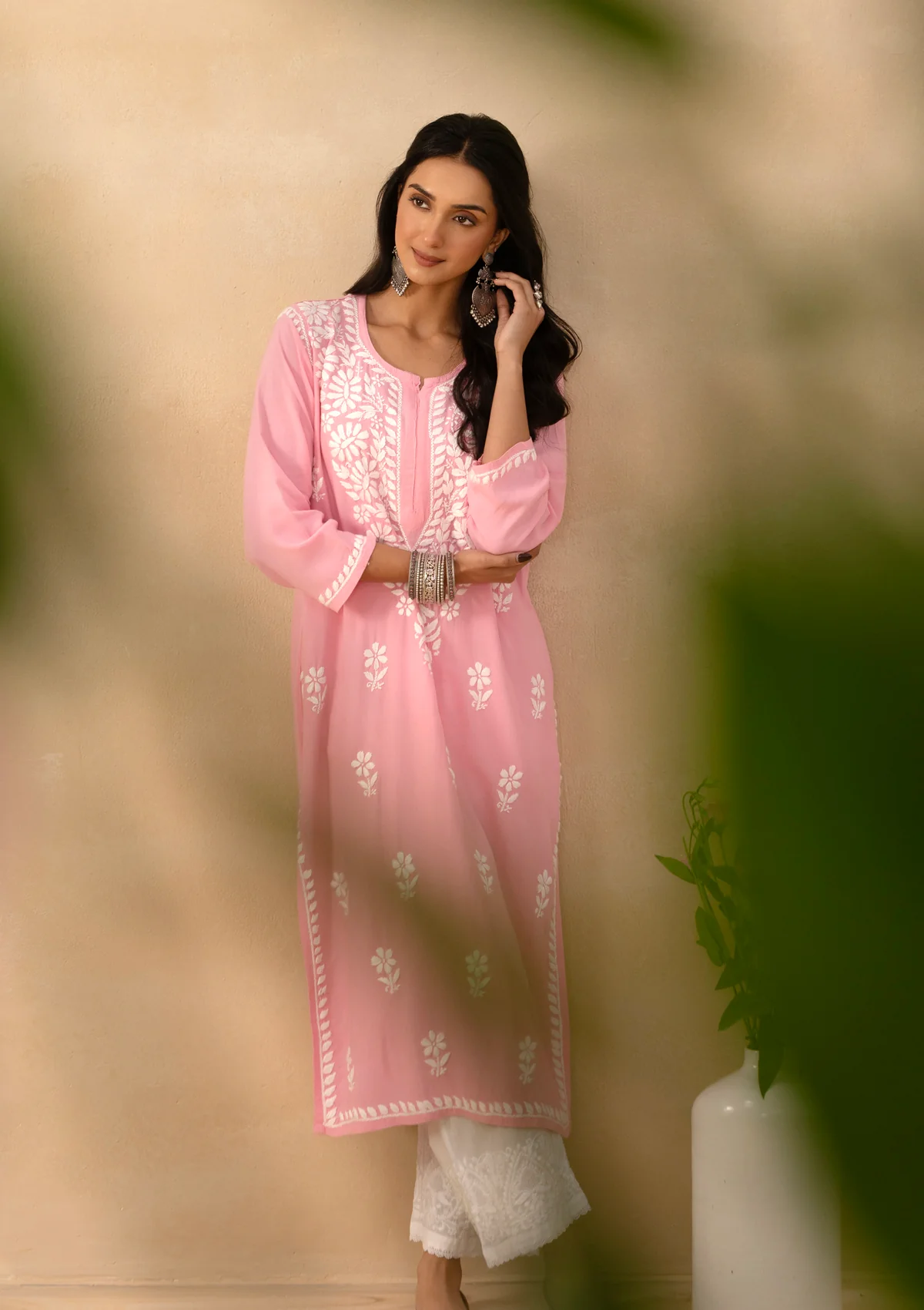 HOC Rayon Chikankari Solid Women's Long Kurta -Pink - Image 6