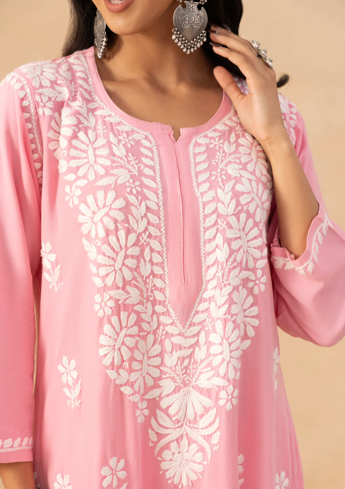 HOC Rayon Chikankari Solid Women's Long Kurta -Pink - Image 8