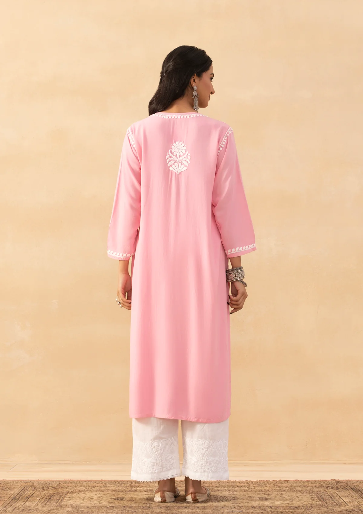 HOC Rayon Chikankari Solid Women's Long Kurta -Pink - Image 9