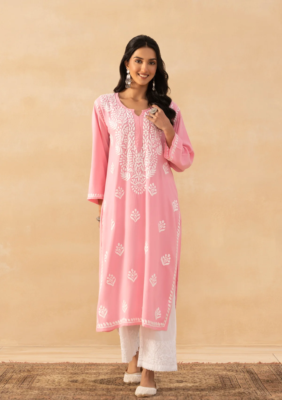 HOC Rayon Chikankari Solid Women's Long Kurta -Pink Pastel - Image 3