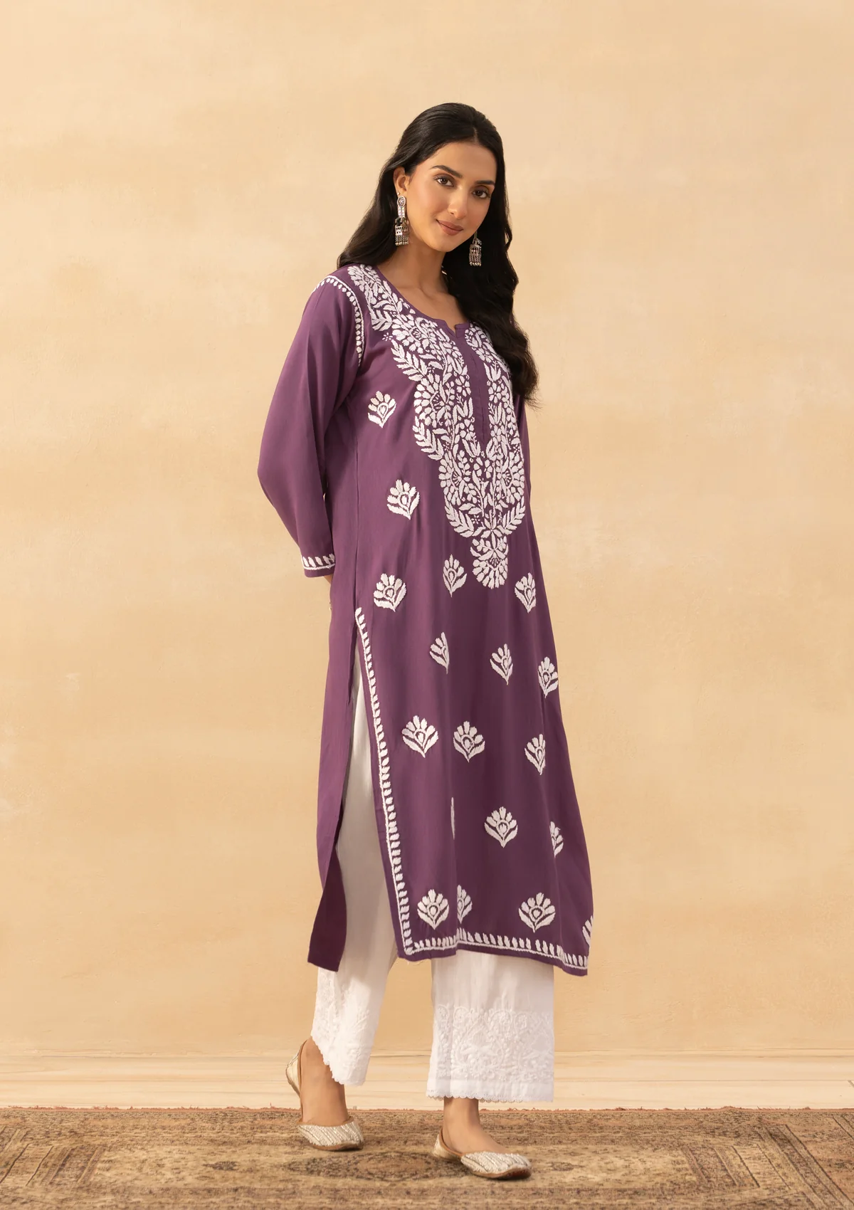 HOC Rayon Chikankari Solid Women's Long Kurta -Purple - Image 3