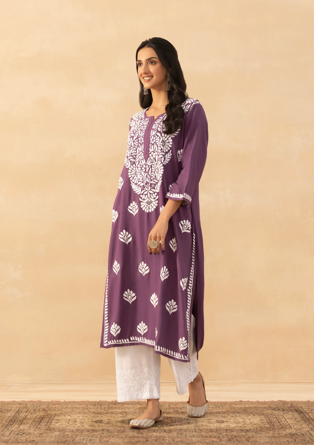 HOC Rayon Chikankari Solid Women's Long Kurta -Purple - Image 4