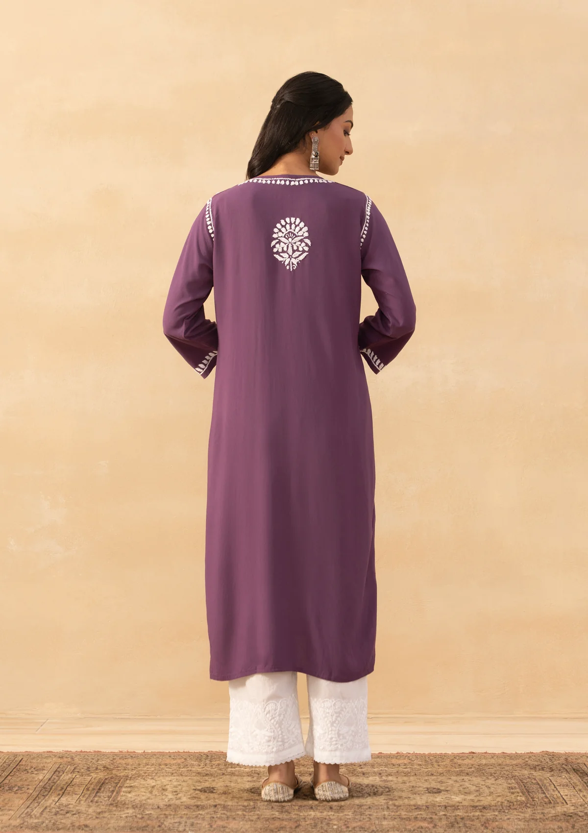 HOC Rayon Chikankari Solid Women's Long Kurta -Purple - Image 6