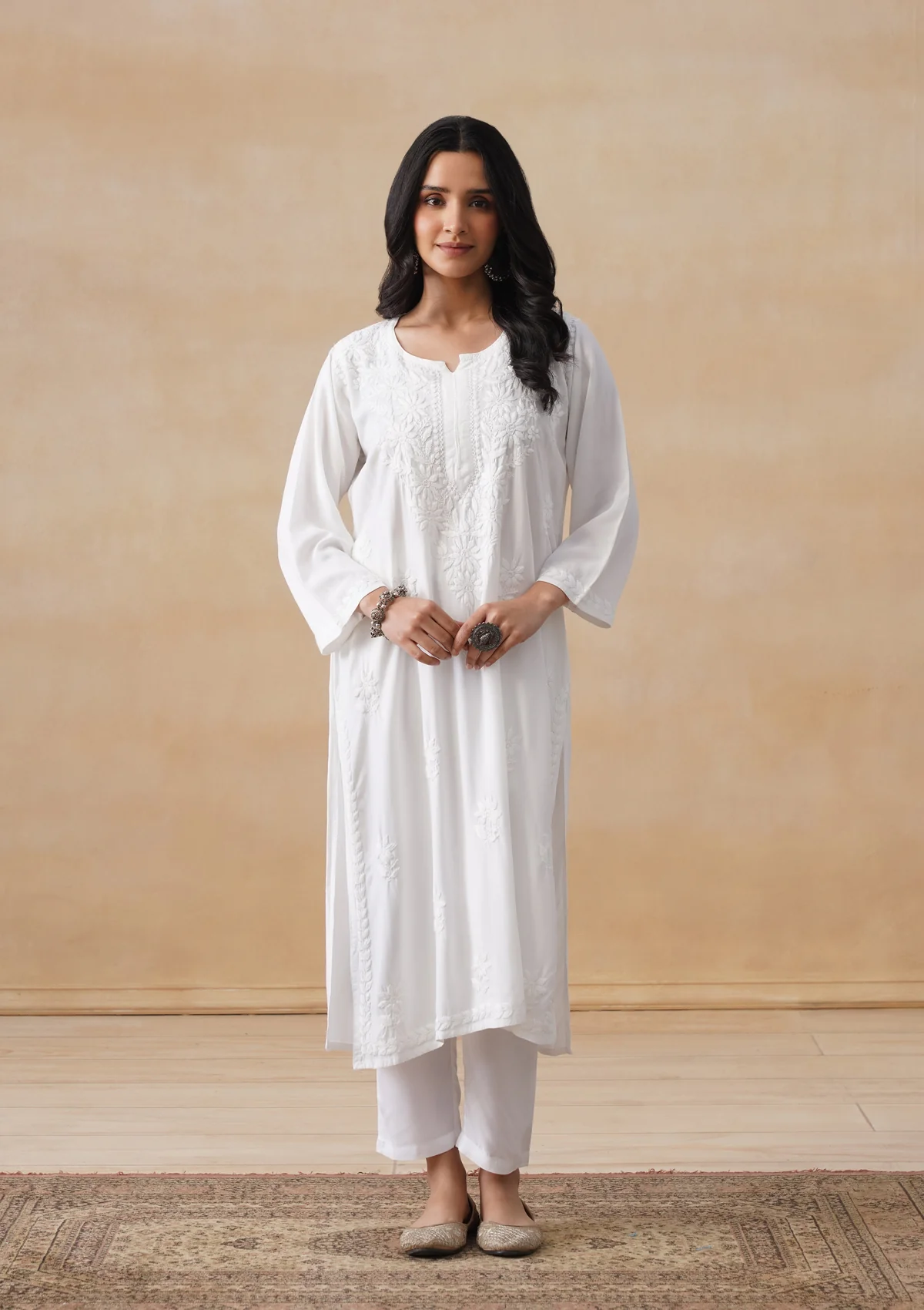 HOC Rayon Chikankari Solid Women's Long Kurta - White