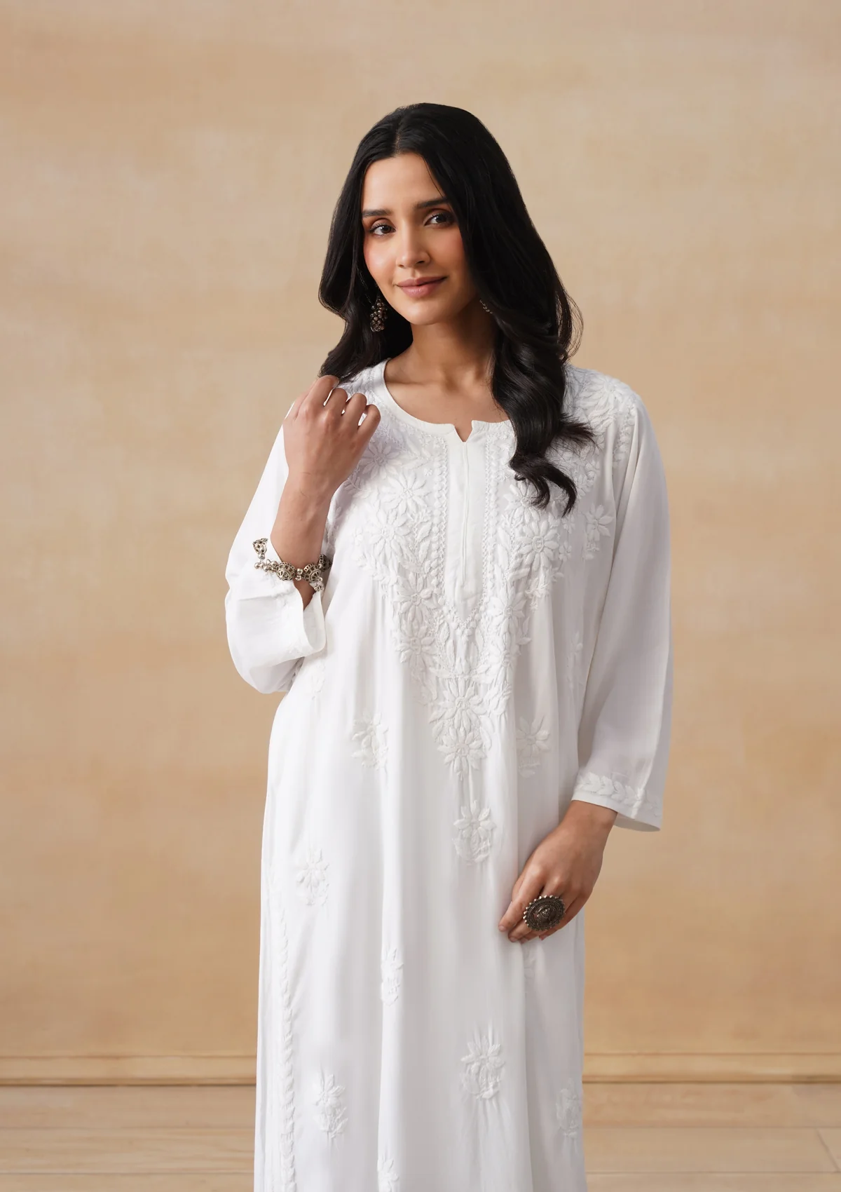 HOC Rayon Chikankari Solid Women's Long Kurta - White - Image 2