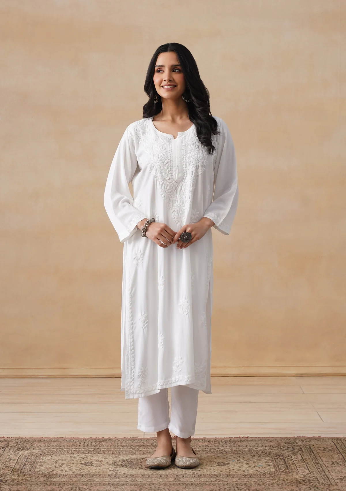 HOC Rayon Chikankari Solid Women's Long Kurta - White - Image 3