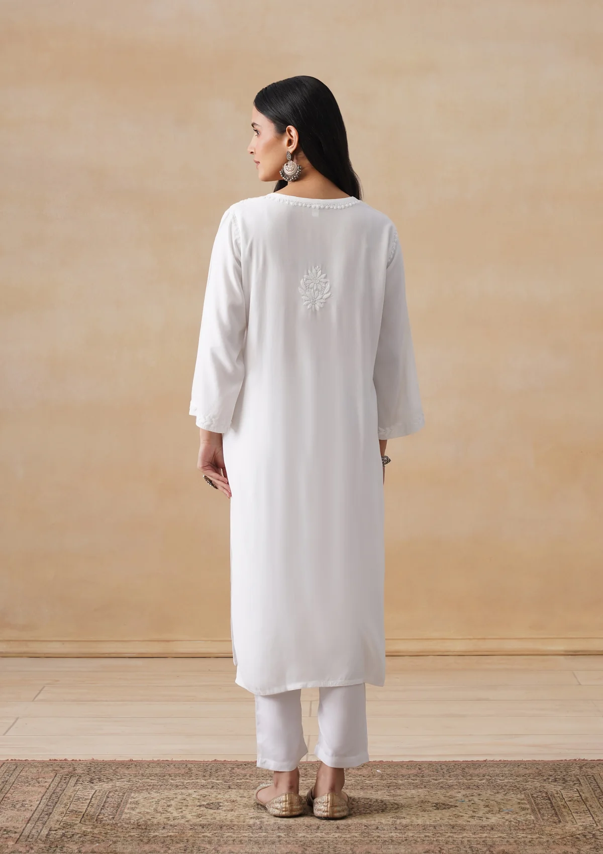 HOC Rayon Chikankari Solid Women's Long Kurta - White - Image 9