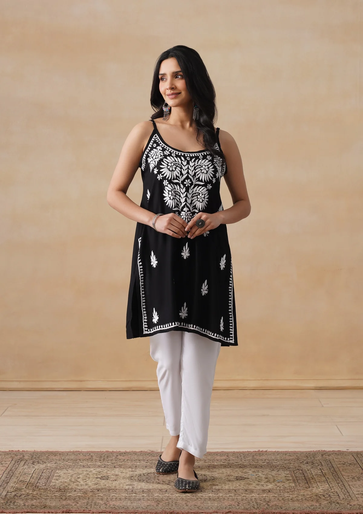HOC Rayon Chikankari Solid Women's Short Kurta - Black - Image 2
