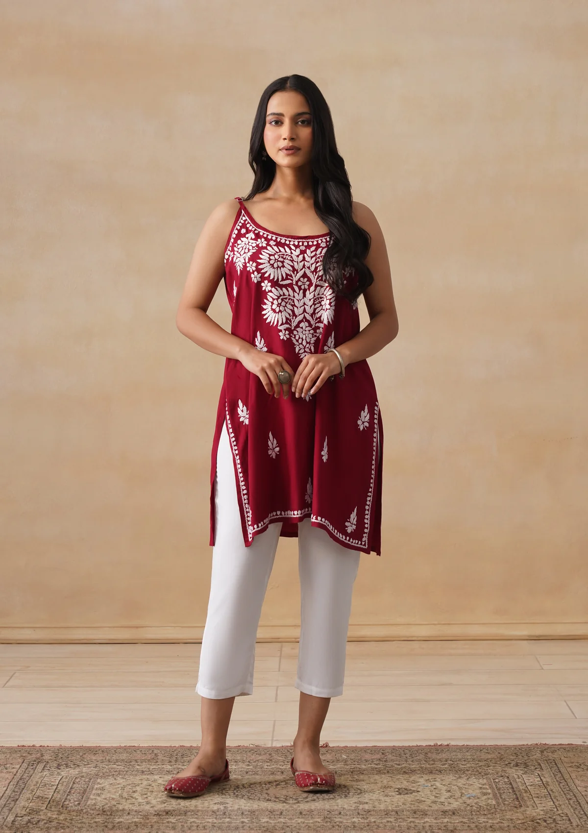 HOC Rayon Chikankari Solid Women's Short Kurta - Maroon - Image 2