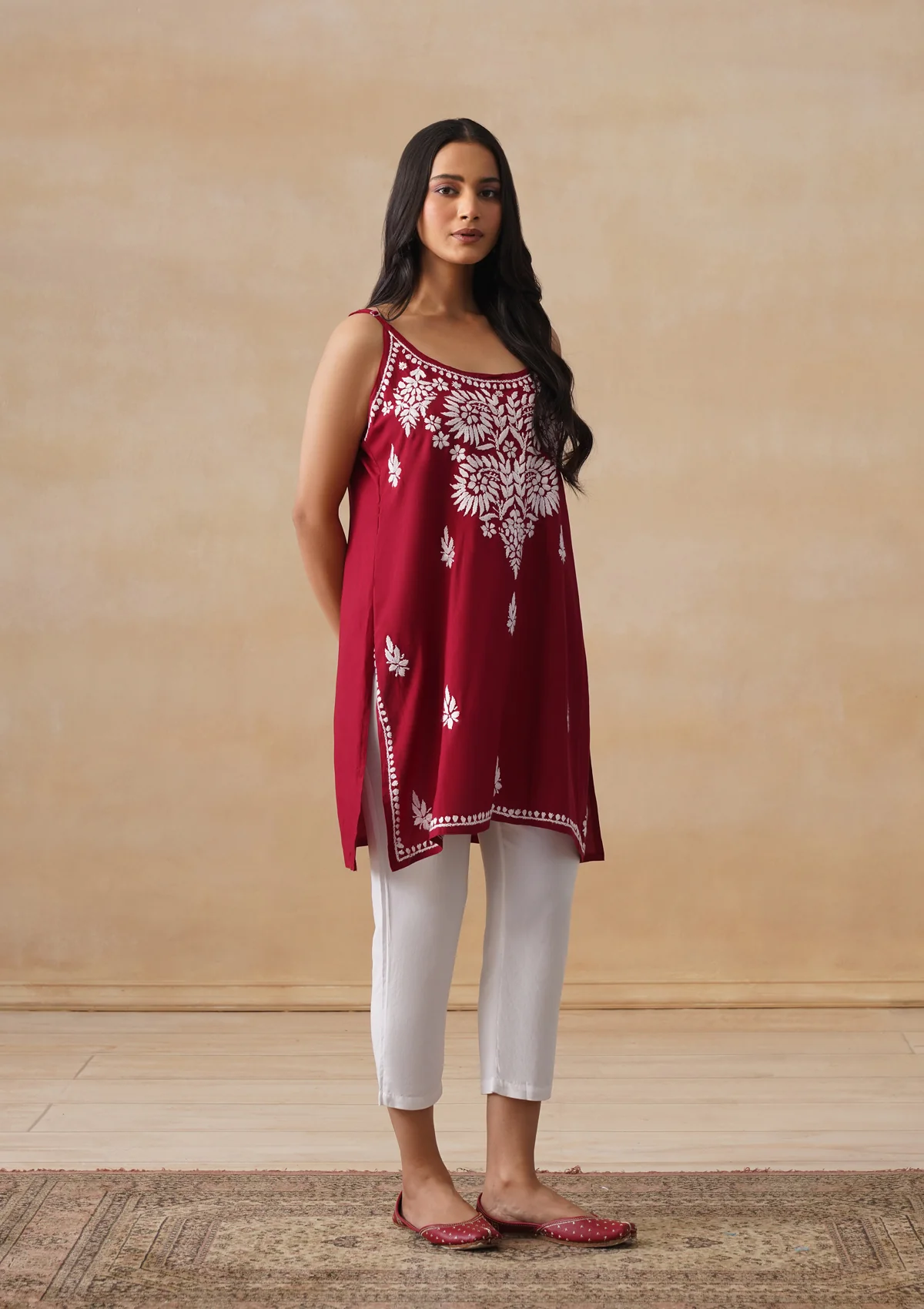 HOC Rayon Chikankari Solid Women's Short Kurta - Maroon - Image 5