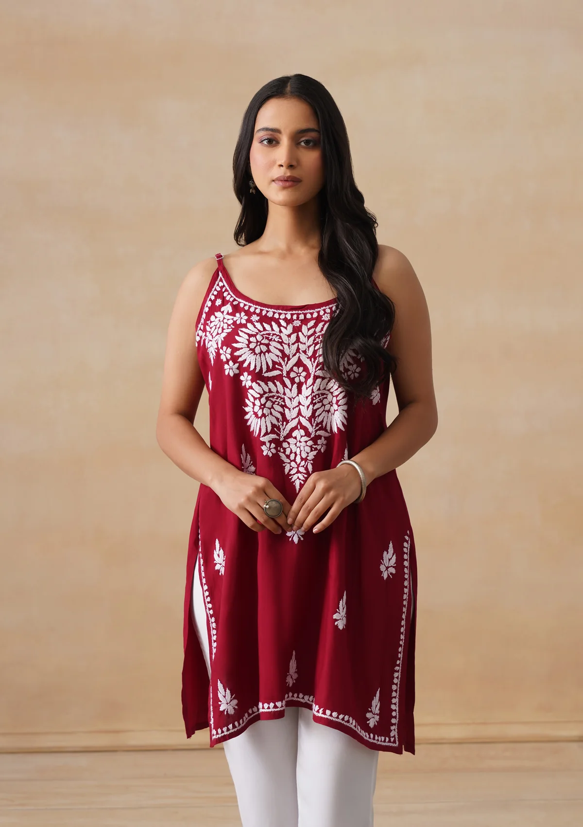 HOC Rayon Chikankari Solid Women's Short Kurta - Maroon - Image 6