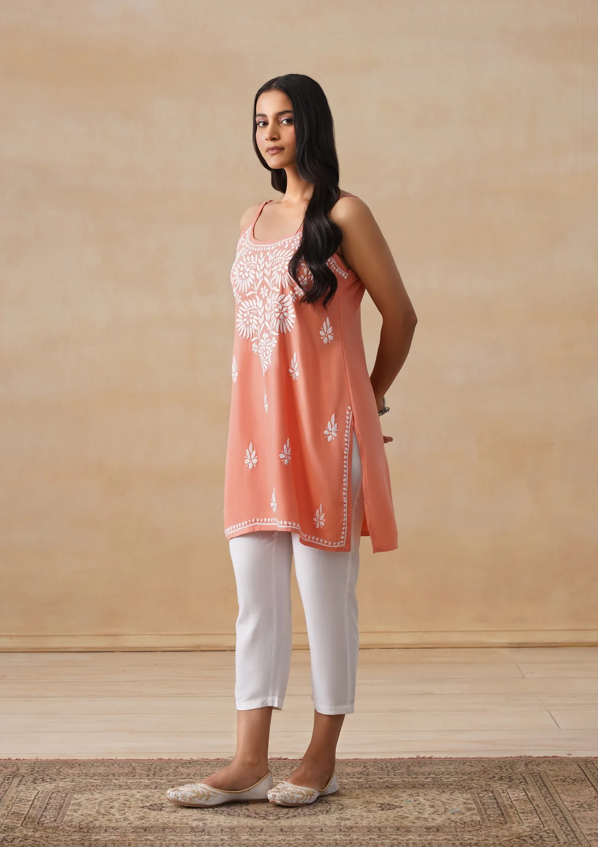 HOC Rayon Chikankari Solid Women's Short Kurta - Peach - Image 7