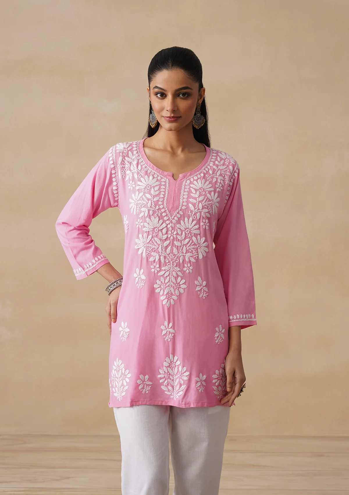 HOC Rayon Chikankari Solid Women's Short Kurta - Pink pastel