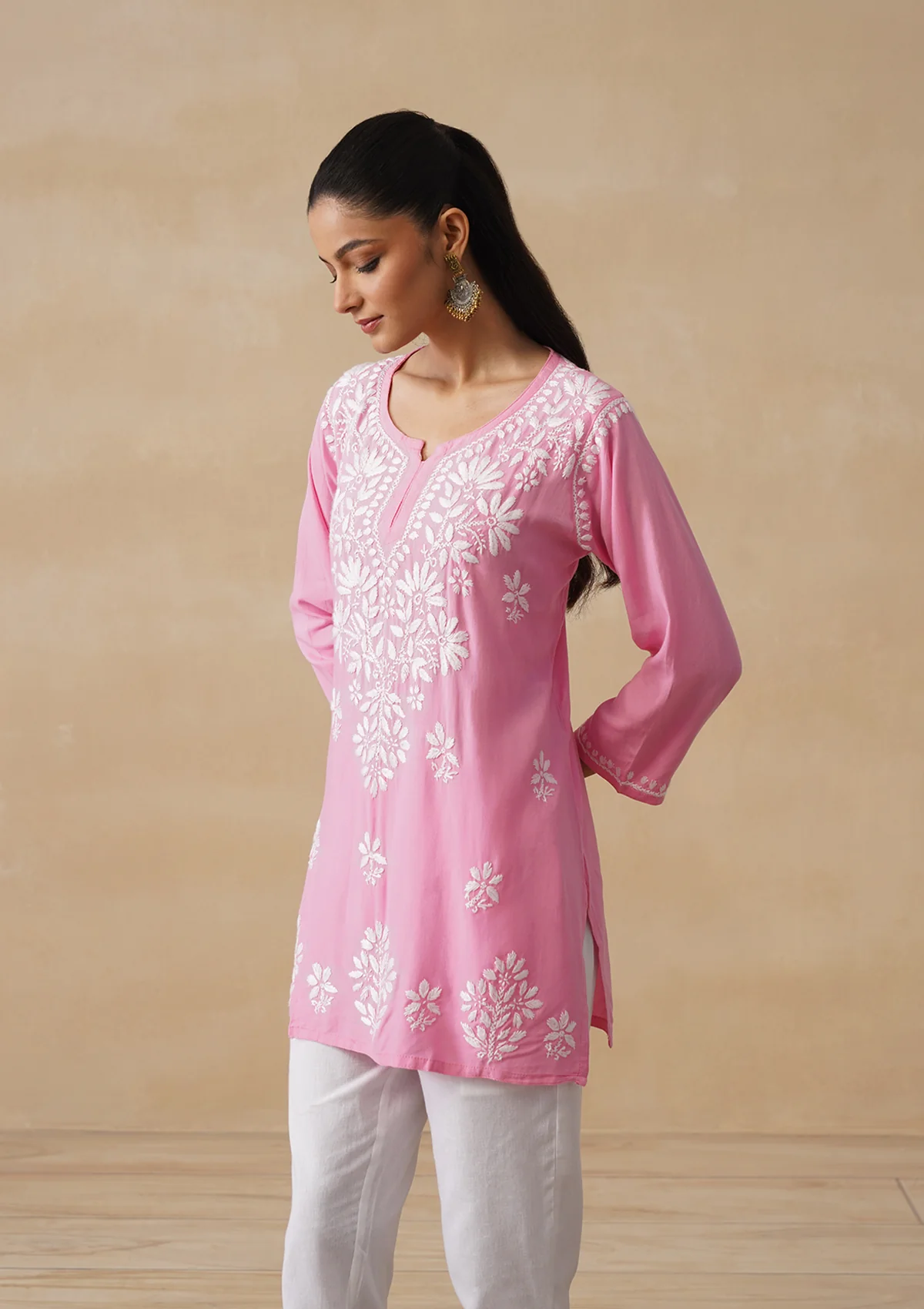 HOC Rayon Chikankari Solid Women's Short Kurta - Pink pastel - Image 2