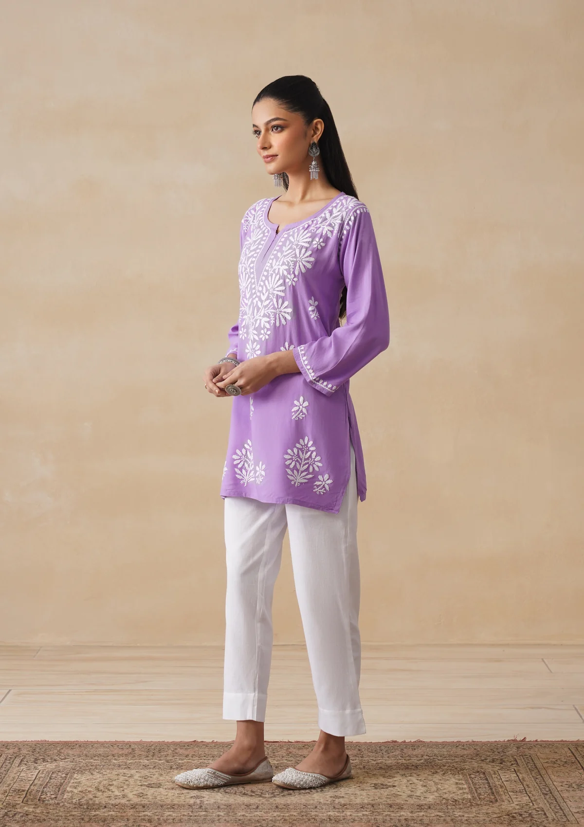 HOC Rayon Chikankari Solid Women's Short Kurta - Purple - Image 4