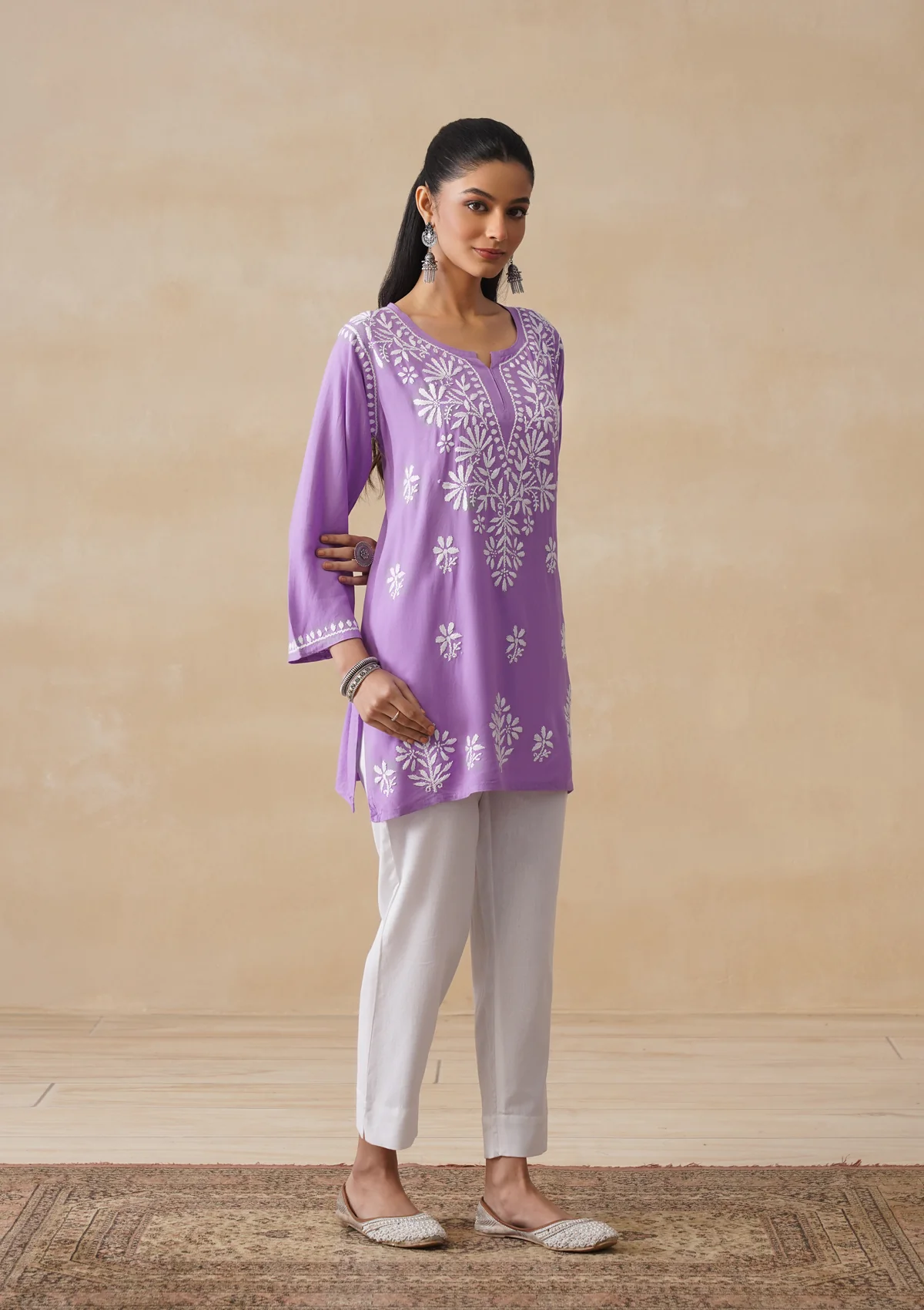 HOC Rayon Chikankari Solid Women's Short Kurta - Purple - Image 6