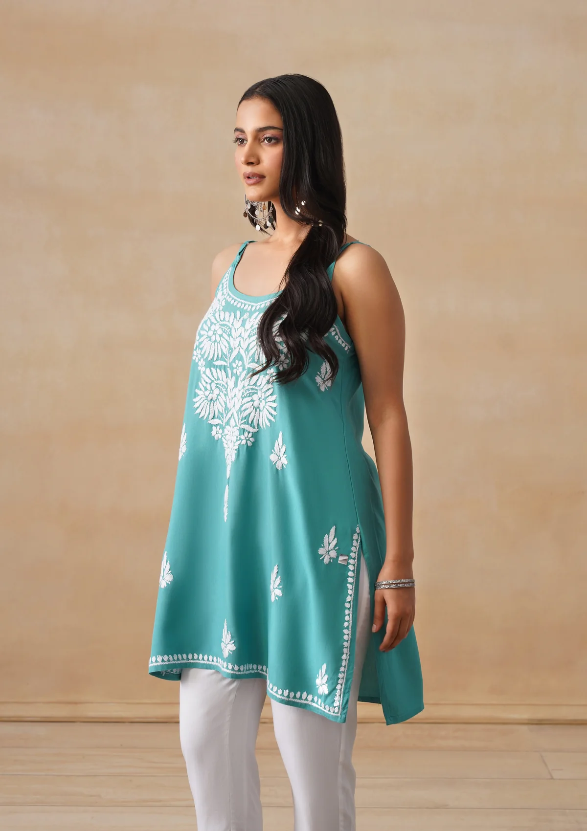 HOC Rayon Chikankari Solid Women's Short Kurta - Teal - Image 4