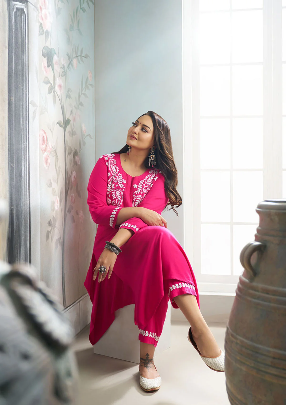 Sona Chikankari Solid Rayon Women's 2 PC Long Kurta Set - Fuchsia - Image 3