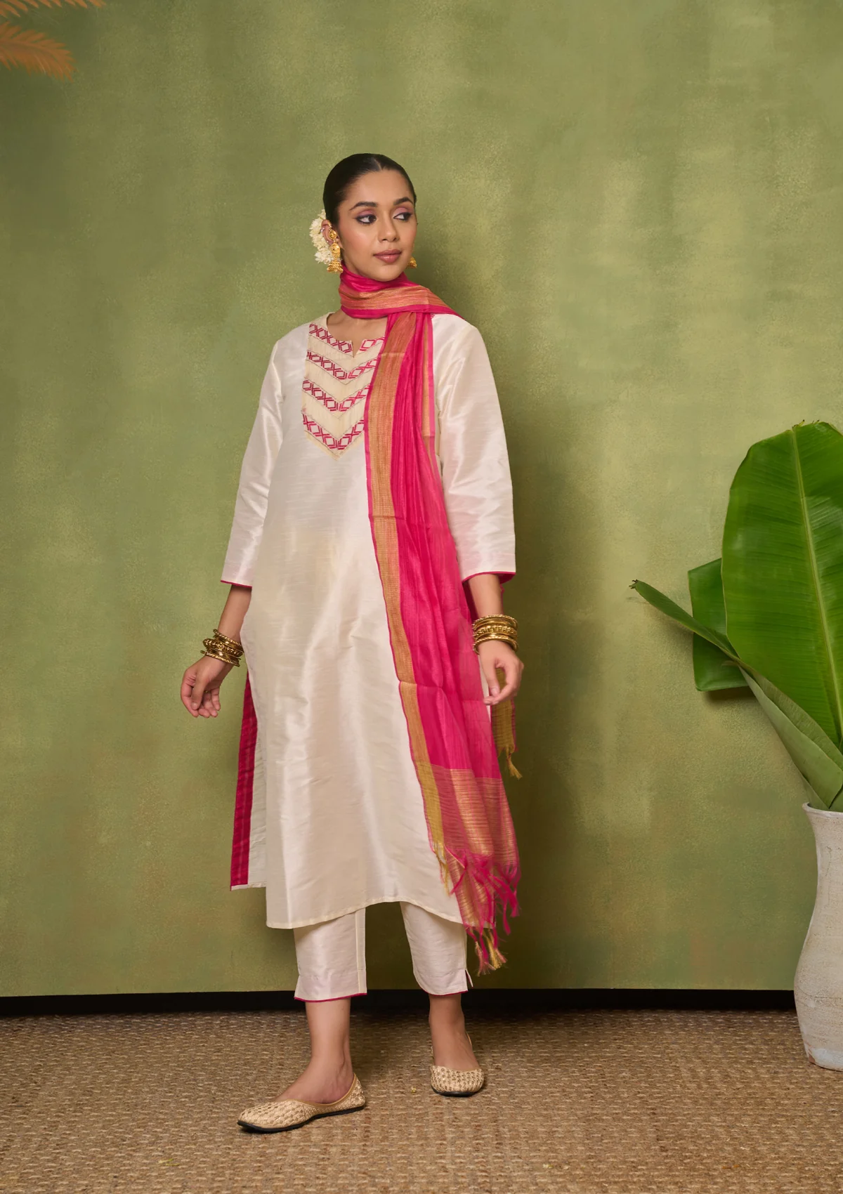 HOC Silk Blend Solid Women's 3 PC Long Kurta Set - Cream