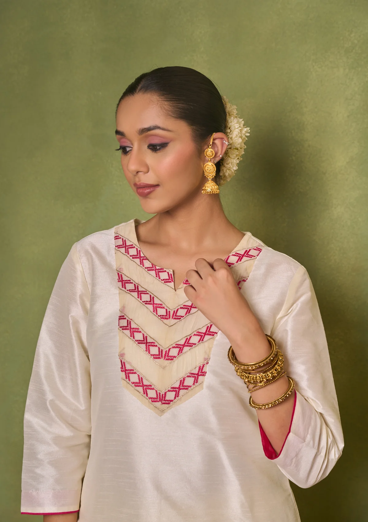 HOC Silk Blend Solid Women's 3 PC Long Kurta Set - Cream - Image 3