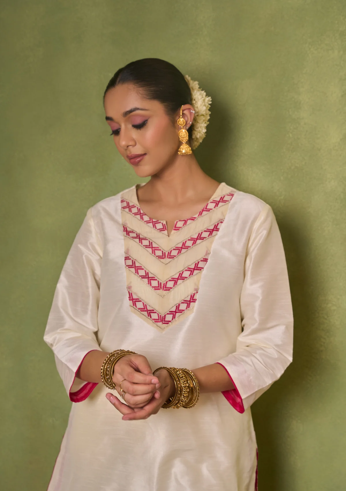 HOC Silk Blend Solid Women's 3 PC Long Kurta Set - Cream - Image 4