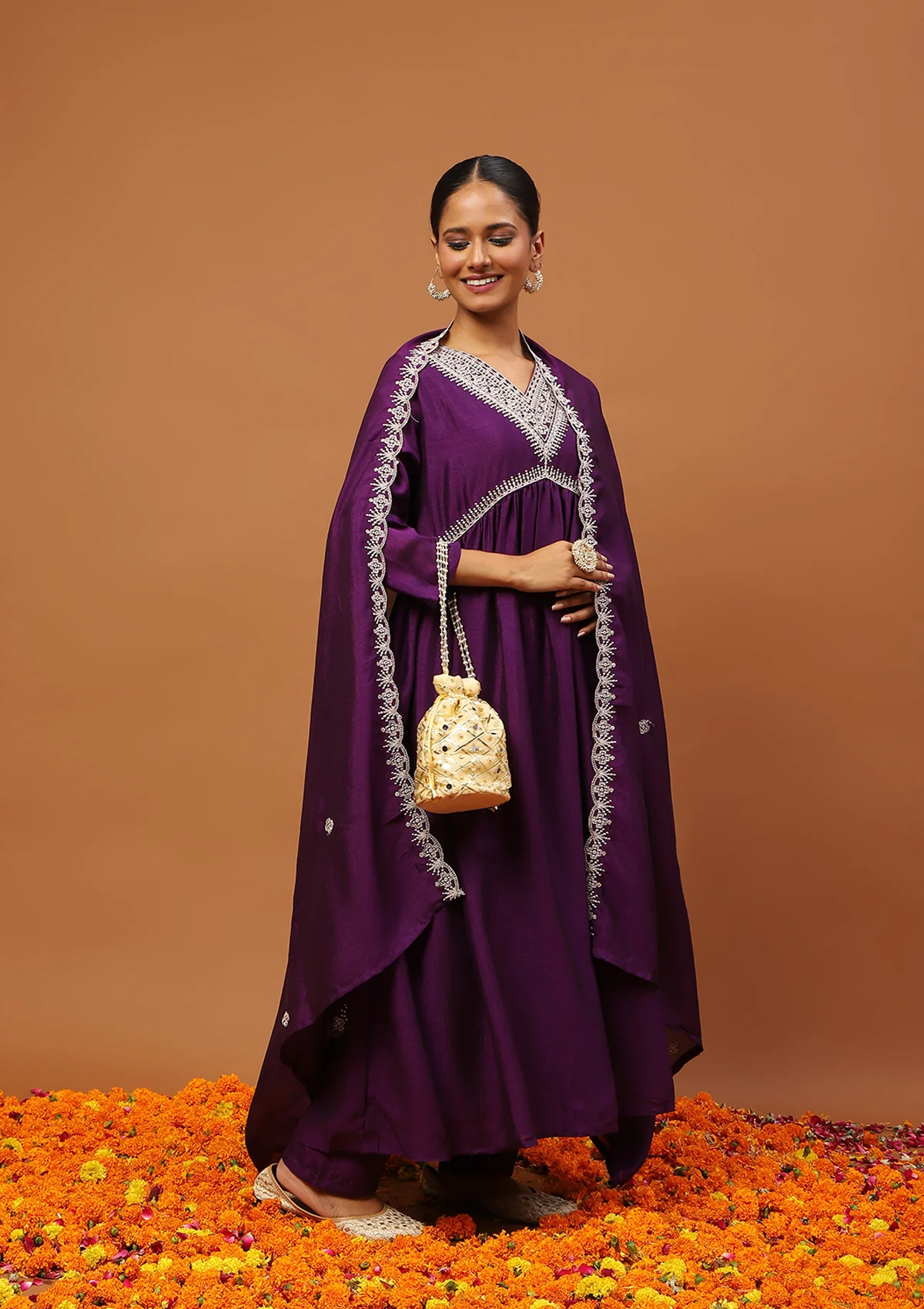 HOC Silk Blend Embroidered With Sequins Solid Women's 3 PC A-Line Kurta Set-Purple - Image 3