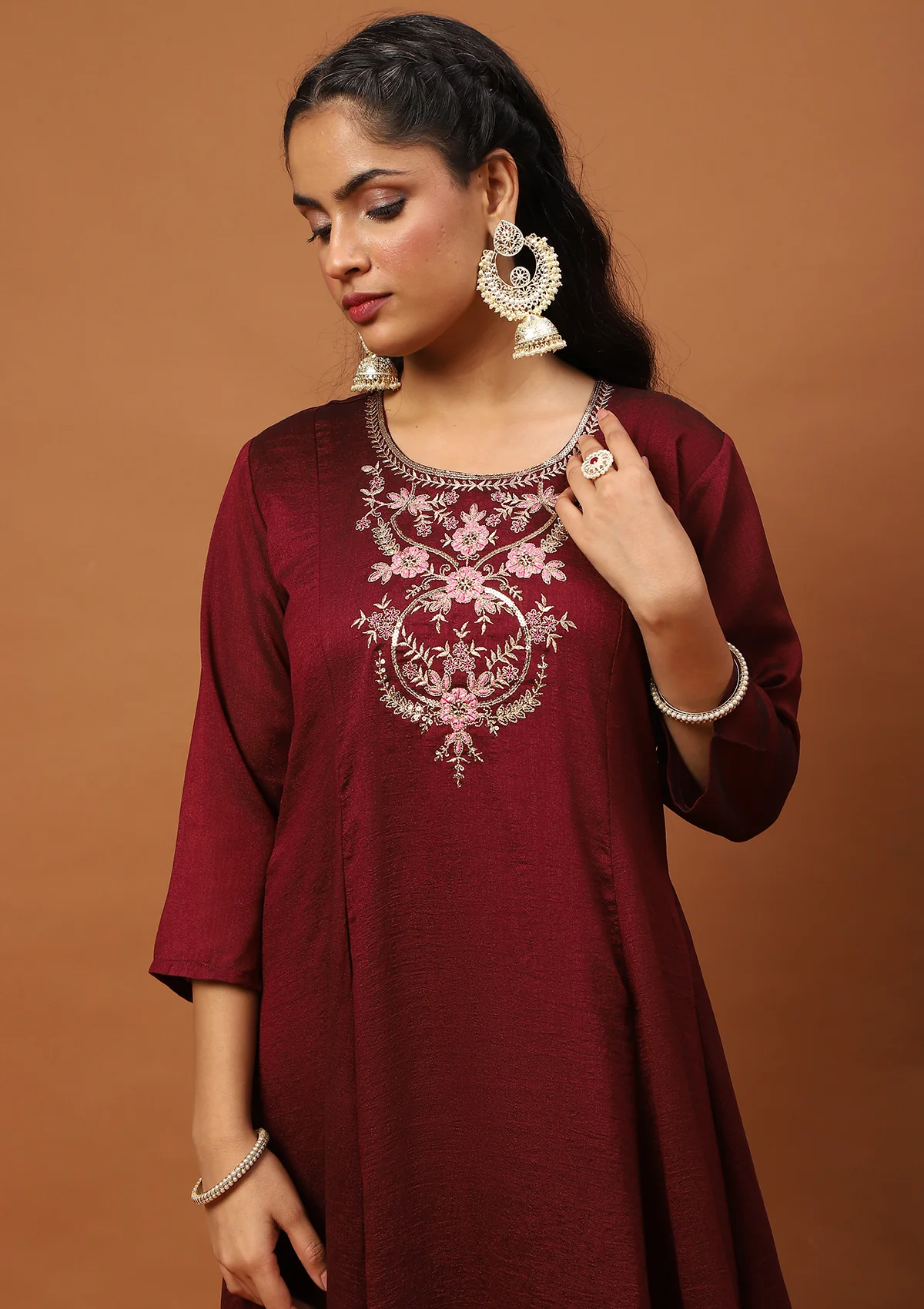 HOC Silk Blend Zari Embroidered With Sequins Solid Women's 3 PC Anarkali Kurta Set-Maroon - Image 2
