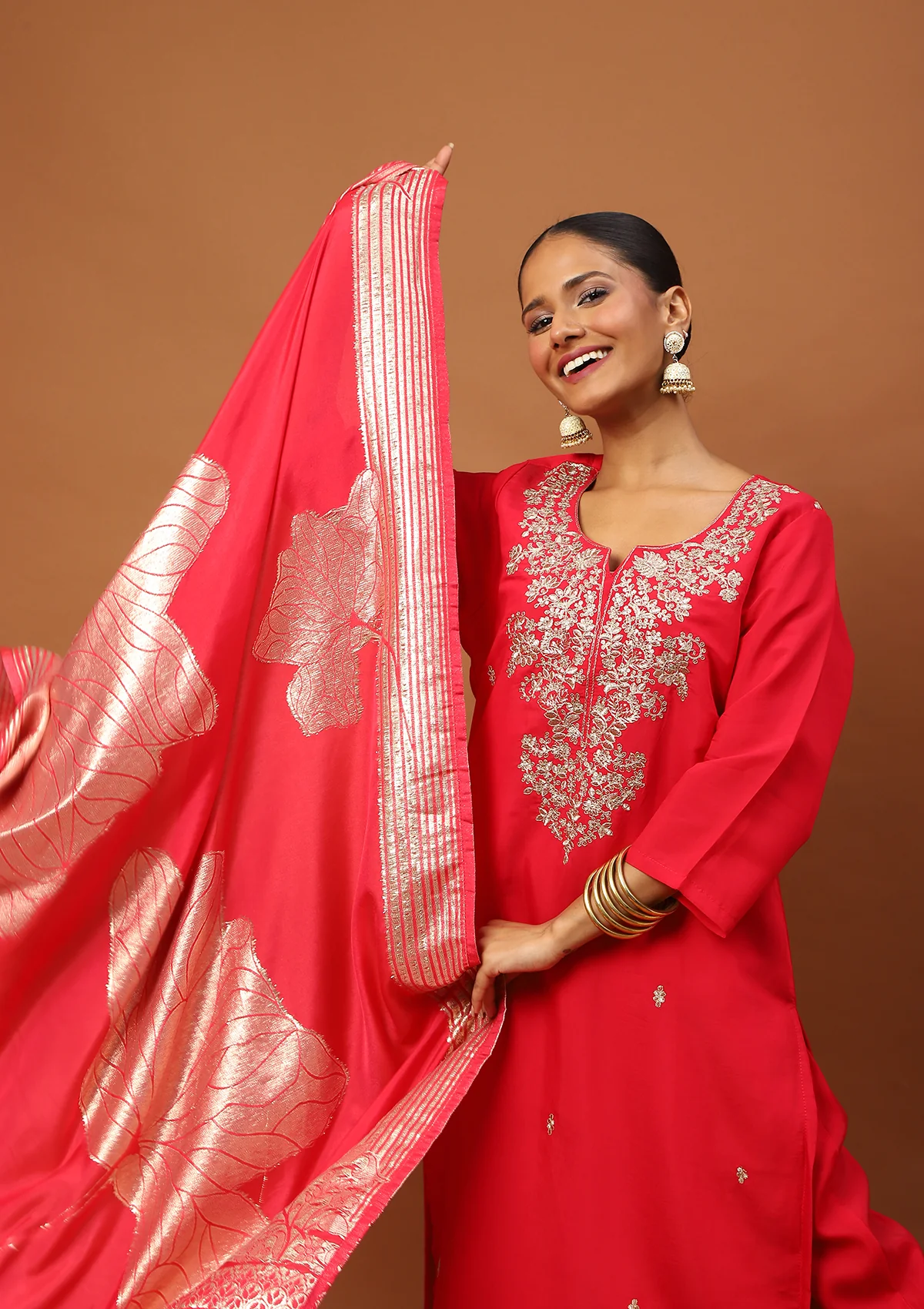 HOC Silk Blend Zari Embroidered With Sequins Solid Women's 3 PC Straight Kurta Set-Rose Pink - Image 4