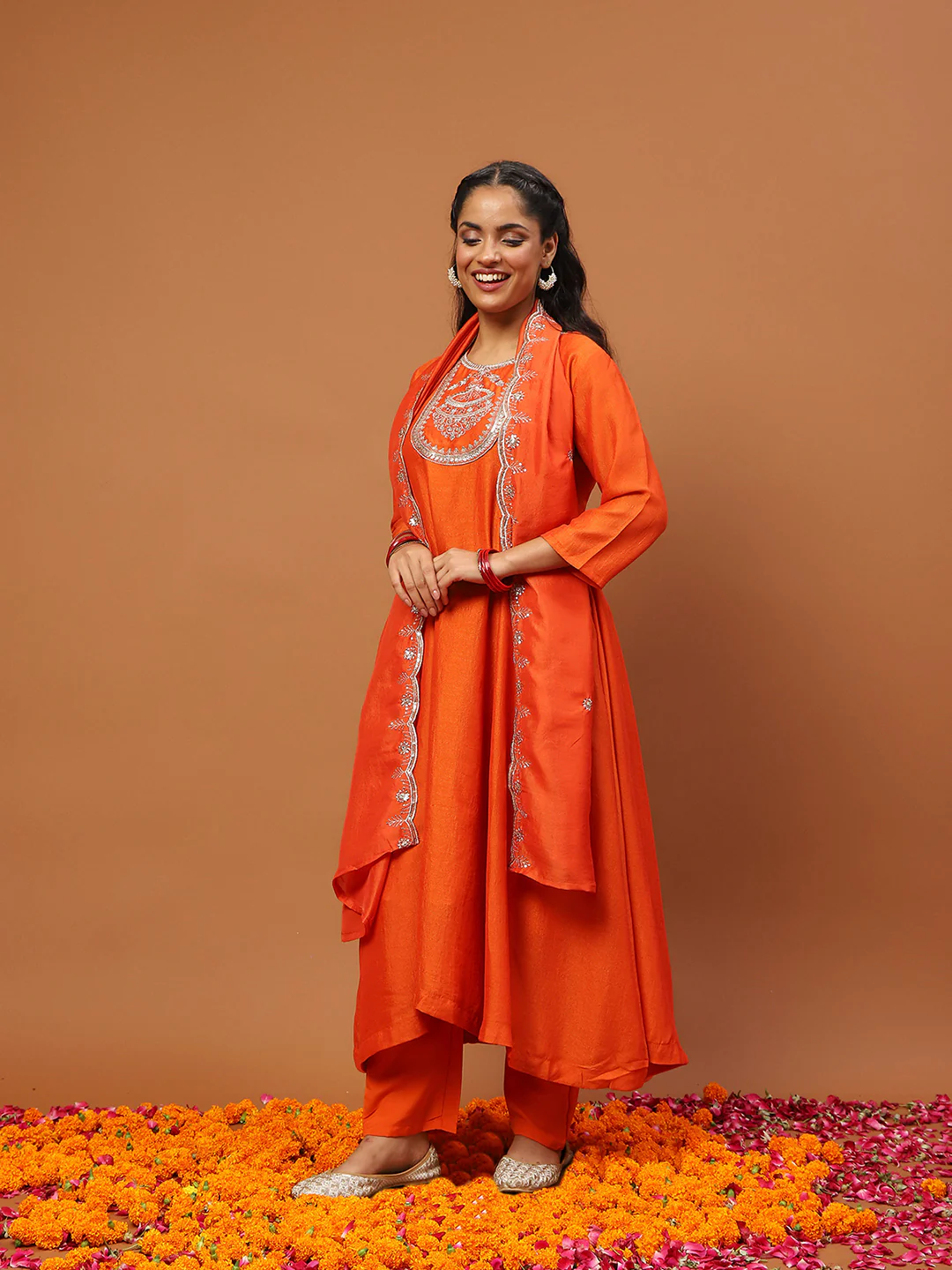 HOC Silk Blend Zari Embroidered With Sequins Solid Women's 3PC Anarkali Kurta Set-Orange - Image 3