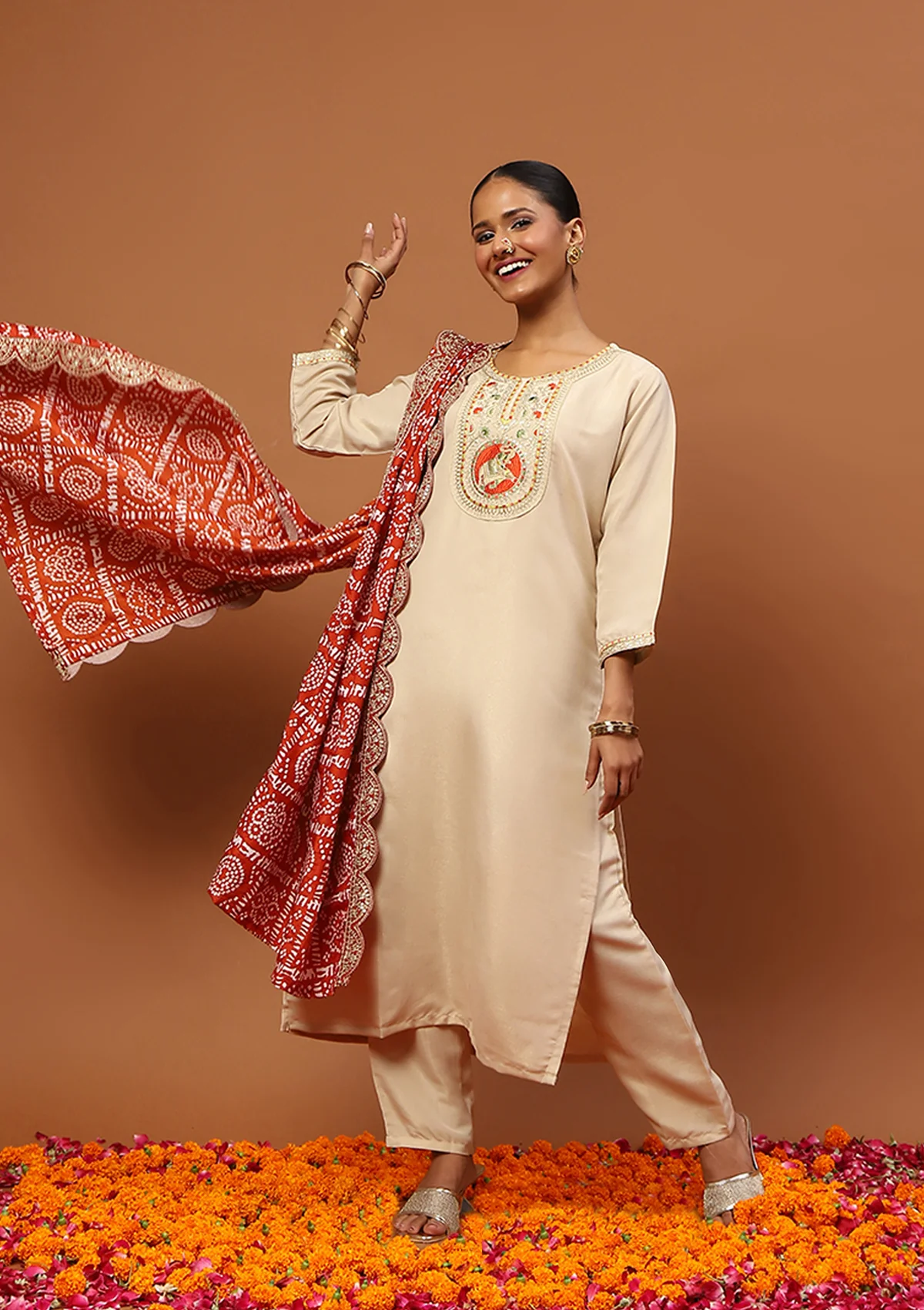 HOC Cotton Blend Embroidered With Sequin 3 PC Straight Kurta Set – Beige - Image 3