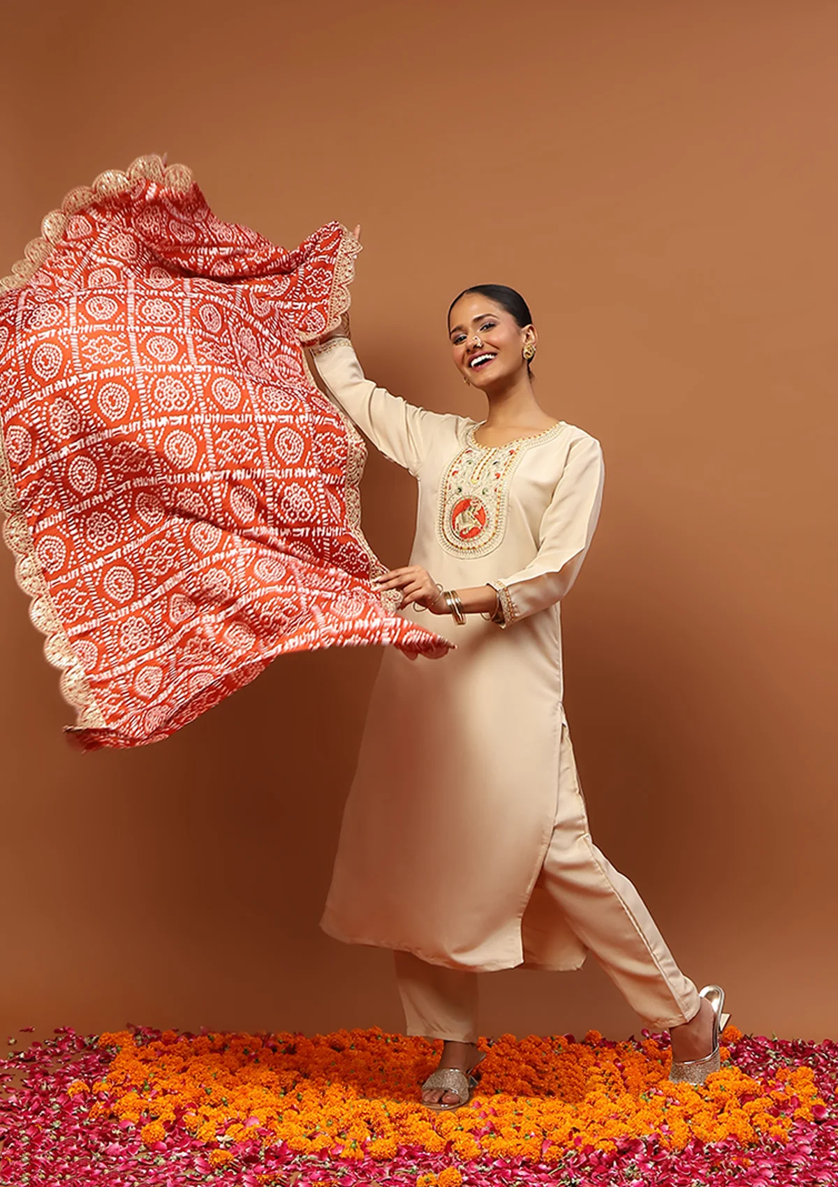 HOC Cotton Blend Embroidered With Sequin 3 PC Straight Kurta Set – Beige - Image 4