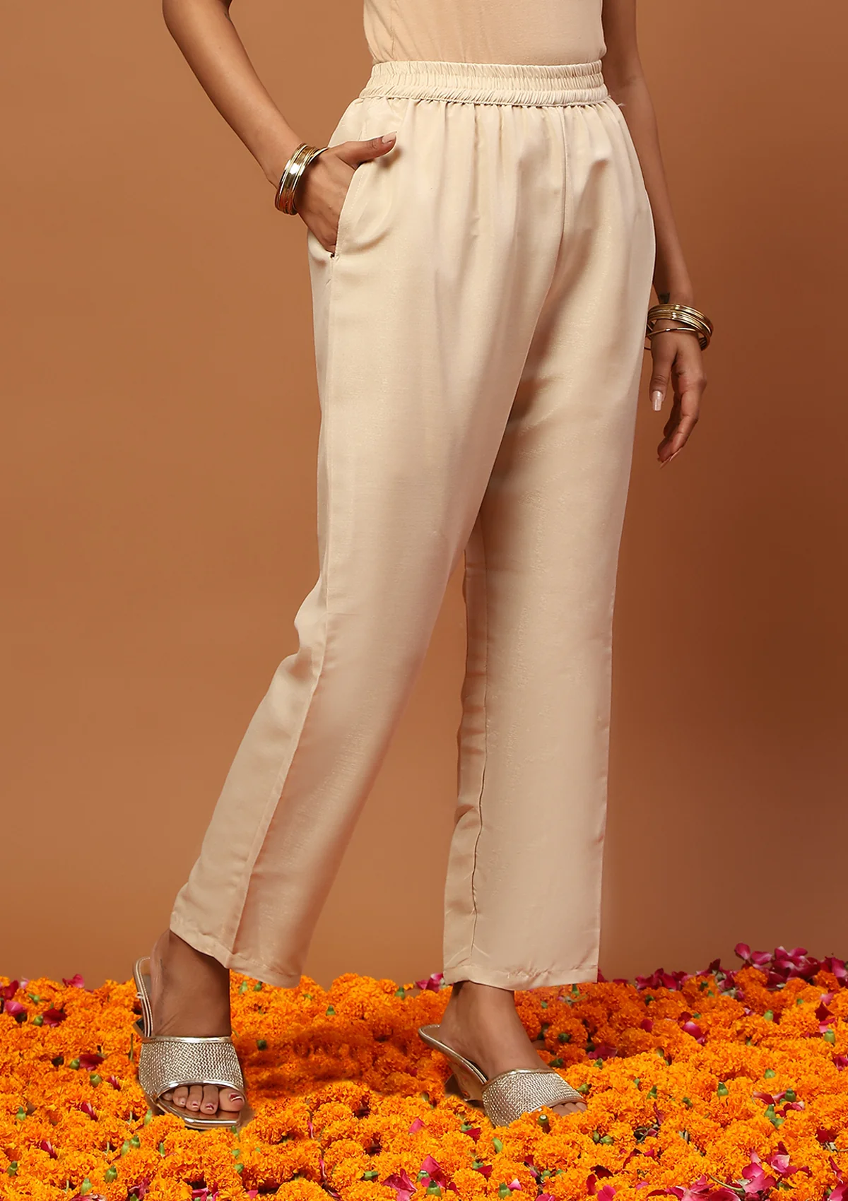 HOC Cotton Blend Embroidered With Sequin 3 PC Straight Kurta Set – Beige - Image 5