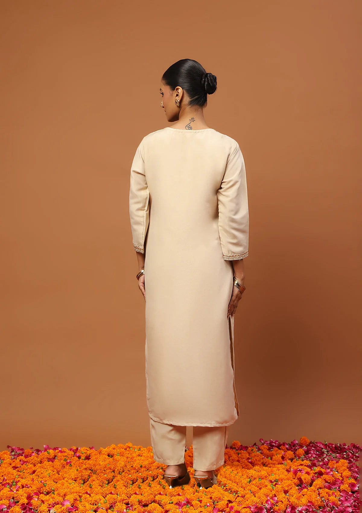 HOC Cotton Blend Embroidered With Sequin 3 PC Straight Kurta Set – Beige - Image 6