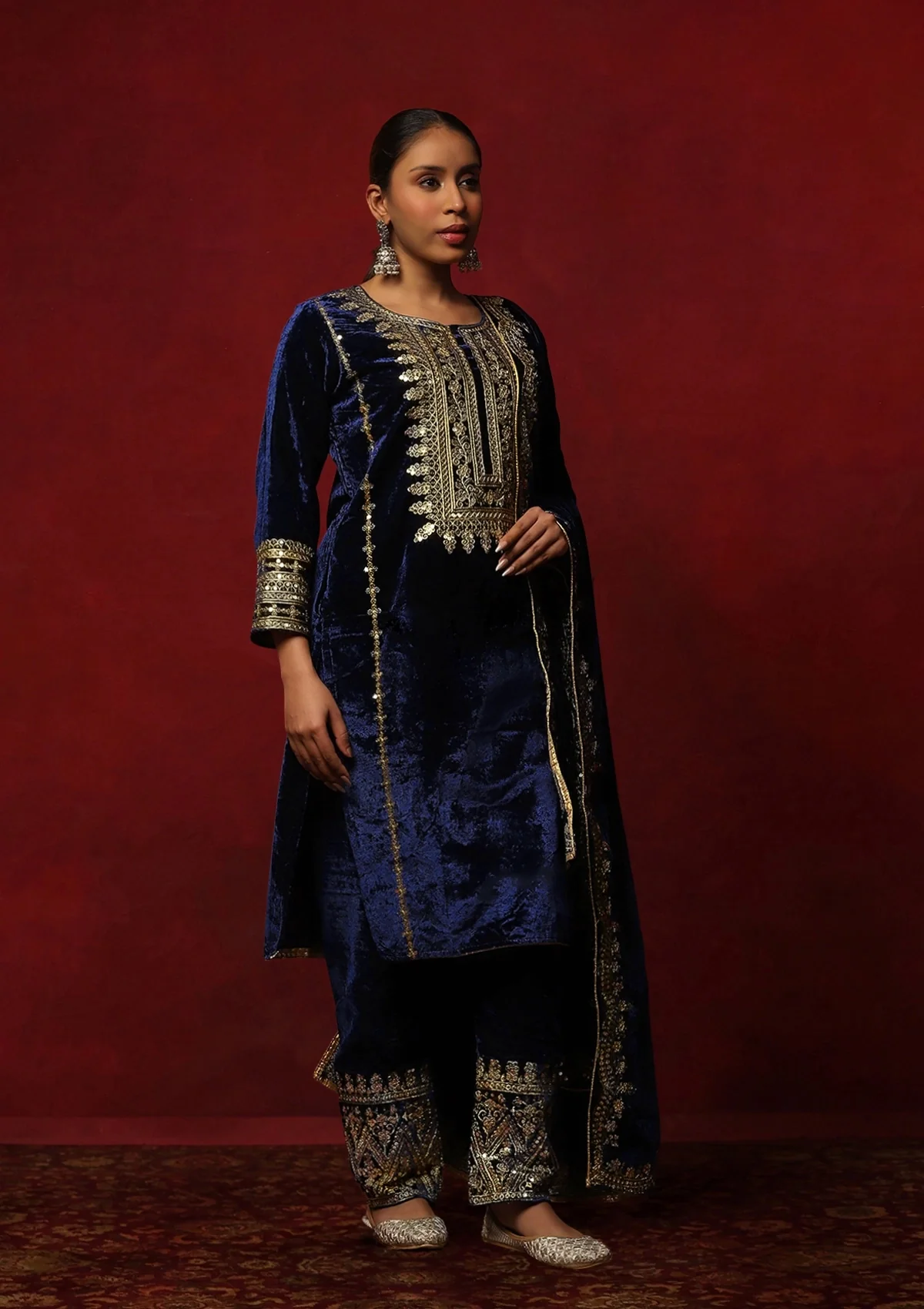 HOC Velvet Zari & Sequin Solid Women's 3 Pc Long Kurta Set-Navy Blue - Image 3
