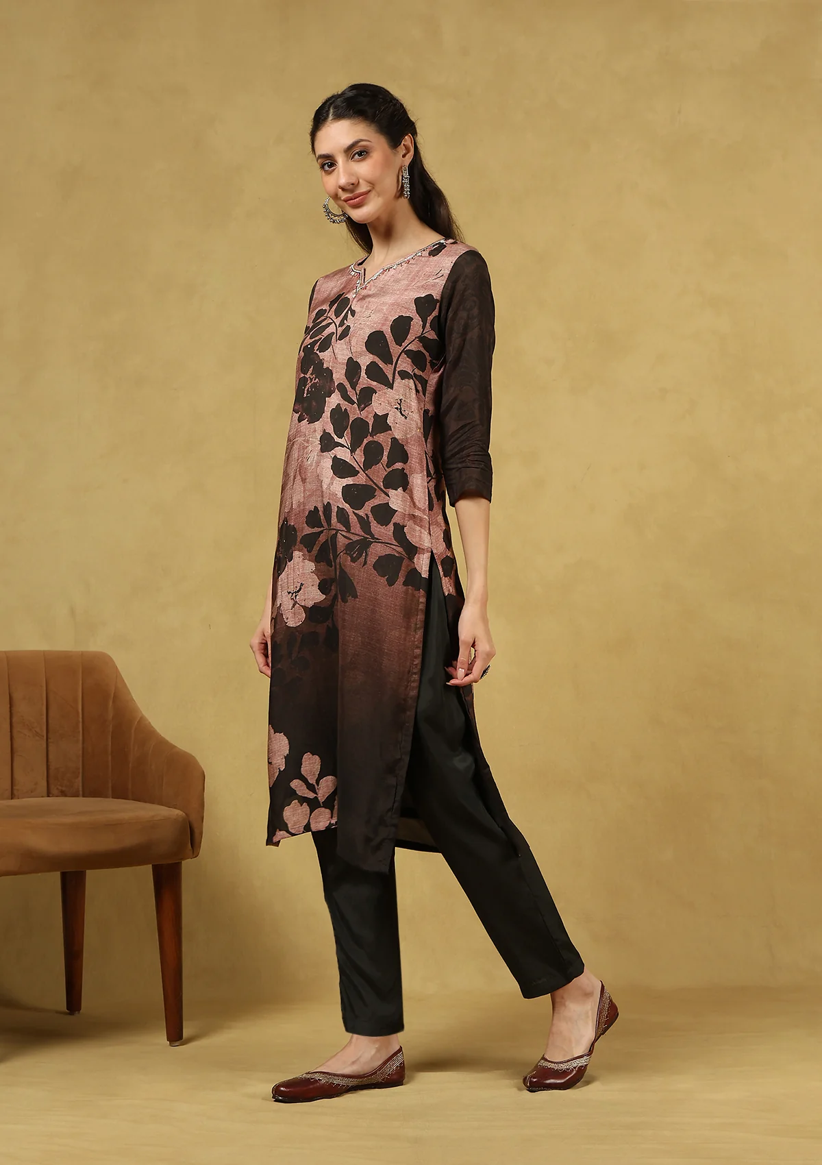 HOC Hand Embellished Muslin Printed Women's 3 PC Long Kurta Set with Dupatta - Black - Image 5