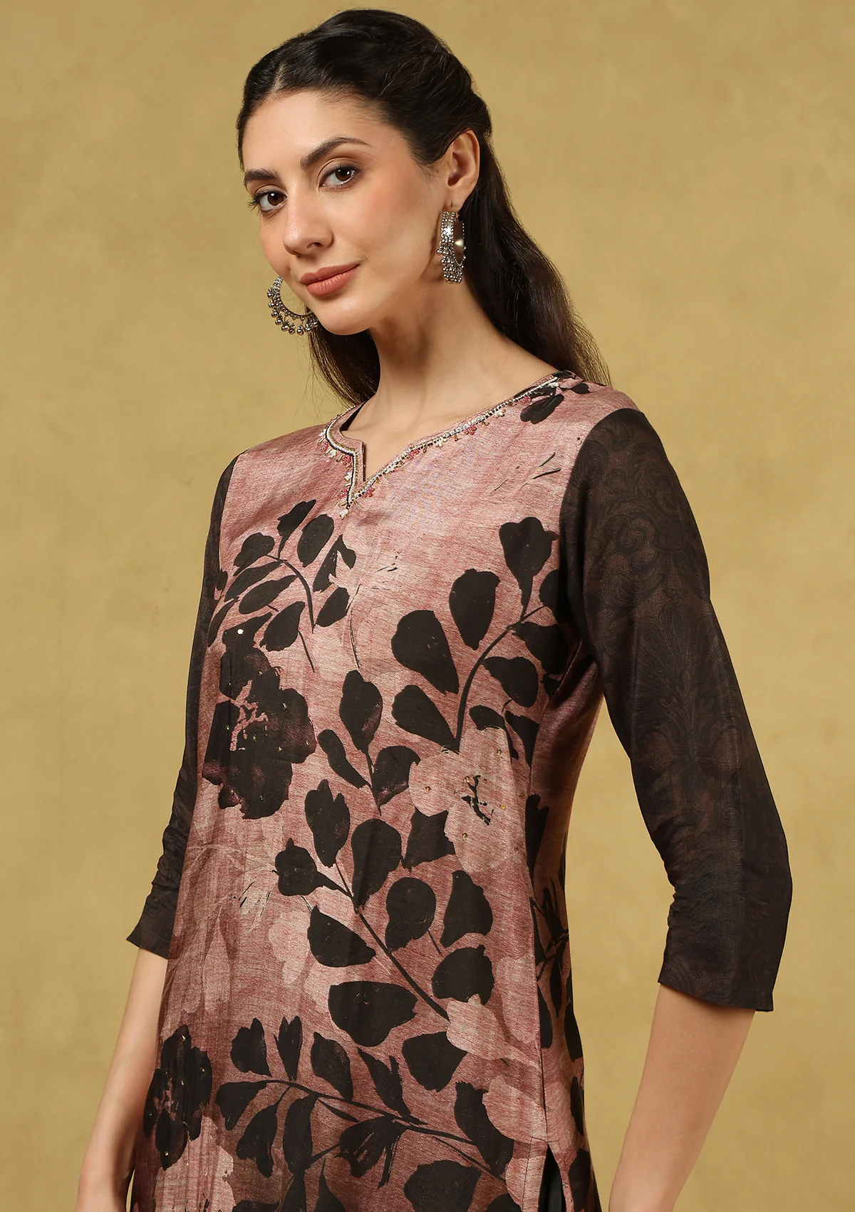 HOC Hand Embellished Muslin Printed Women's 3 PC Long Kurta Set with Dupatta - Black - Image 6
