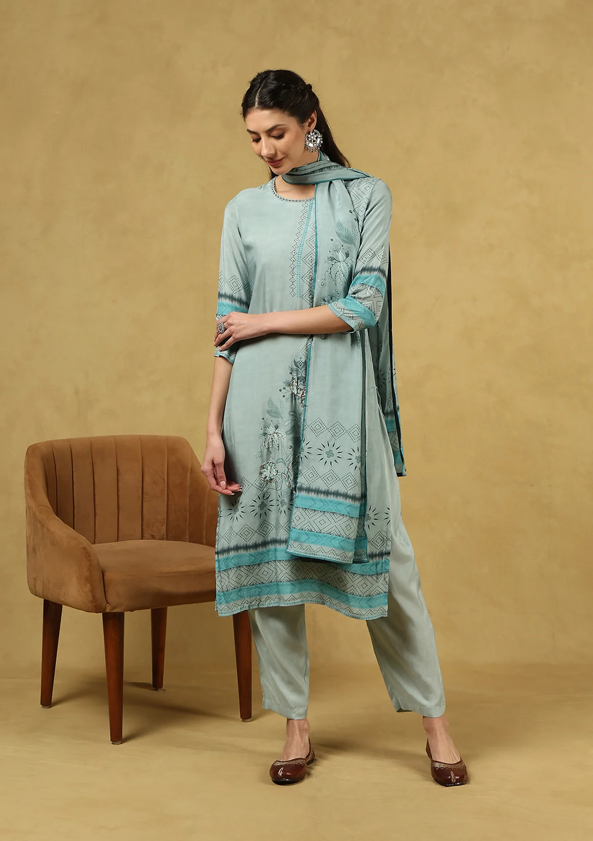 HOC Hand Embellished Muslin Zari Printed Women's 3 PC Long Kurta Set with Dupatta - Sea Green - Image 4