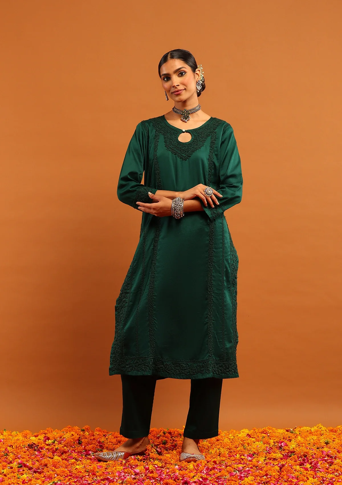 HOC Jaam Silk Chikankari Solid Women's 2 PC Long Kurta Set - Bottle Green